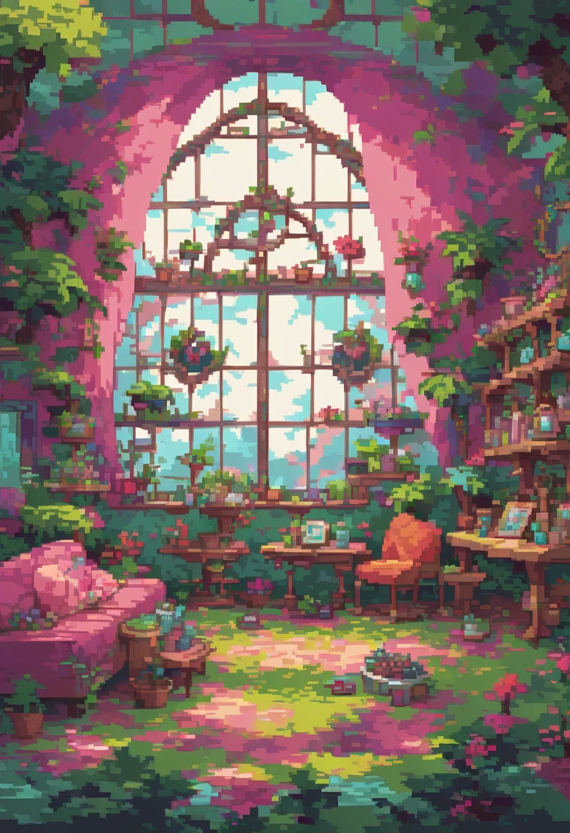 Pixel Art, Architectural digest photo of a maximalist green solar living room with lots of flowers and plants, golden light, hyperrealistic surrealism, award winning masterpiece with incredible details, epic stunning pink surrounding and round corners, big windows