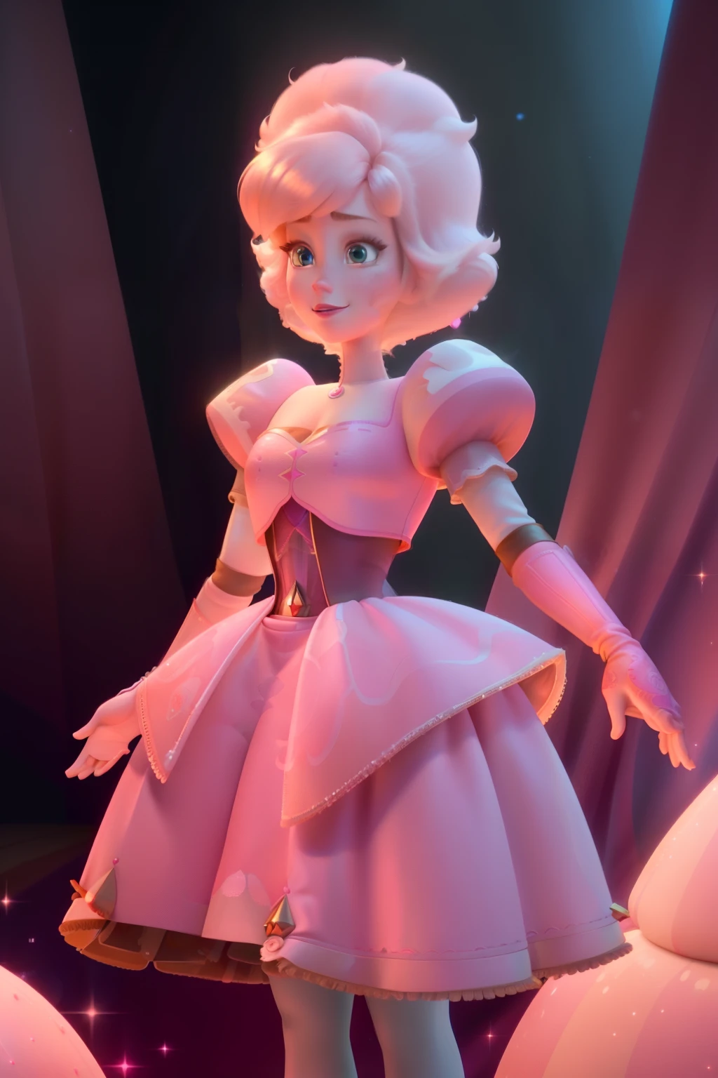 pnkdamond, pink hair, pink eyes,  big hair,  stomach gem,  pink skin,  toned, 
puffy short sleeves, elbow gloves ,  white thighhighs,   puffy dress, 
standing, upper body, 
 outerspace,  
(insanely detailed, beautiful detailed face,beautiful detailed eyes, masterpiece, best quality) cinematic lighting,  smile, 
 
