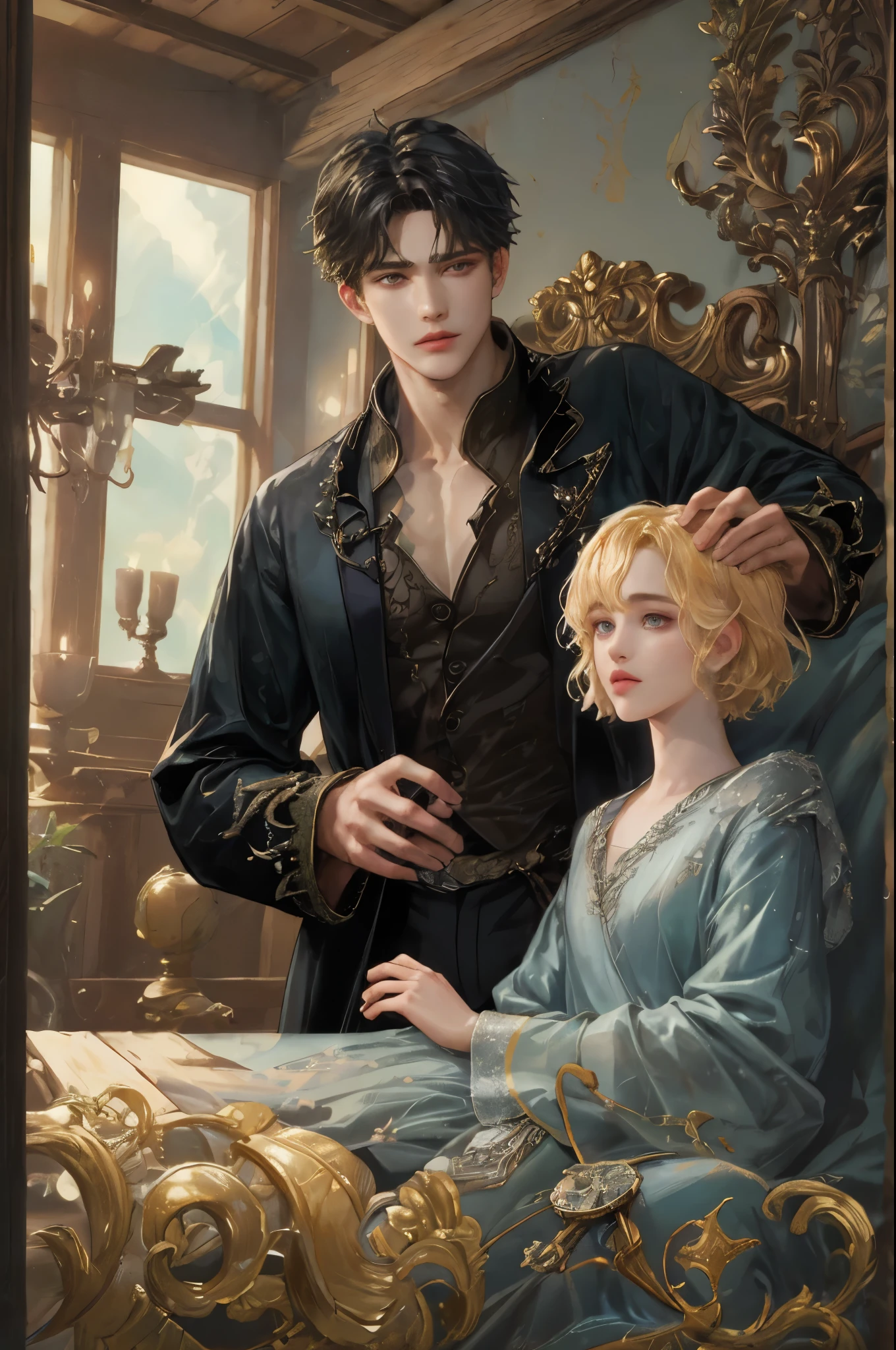(absurdres, highres, ultra detailed, HDR), masterpiece, best quality, solo focus, 1 boy , perfect face, webtoon, maleficent movie, boy character ,short hair, handsome face, anime eyes, patched clothes, detailed interior, detailed character, ripped clothes,