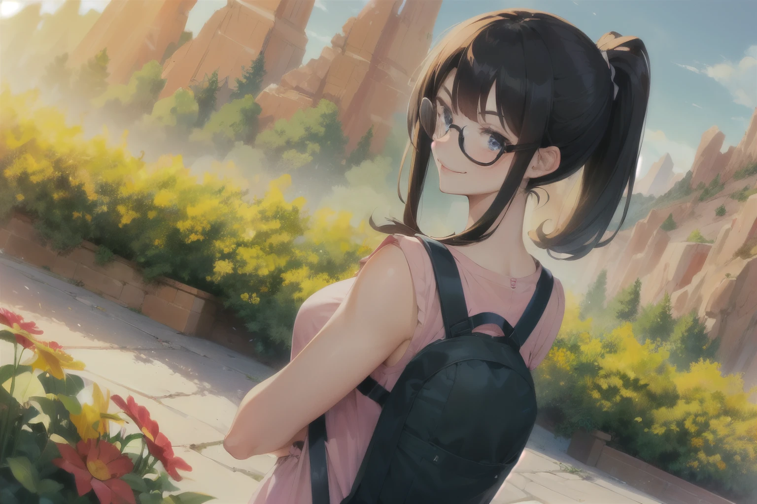 ((wide angle)) beautiful female tourist, black hair, ponytail, bangs, wearing large glasses, smirk, ((wearing a Backpacker style outfit)), morning light, Garden of the Gods