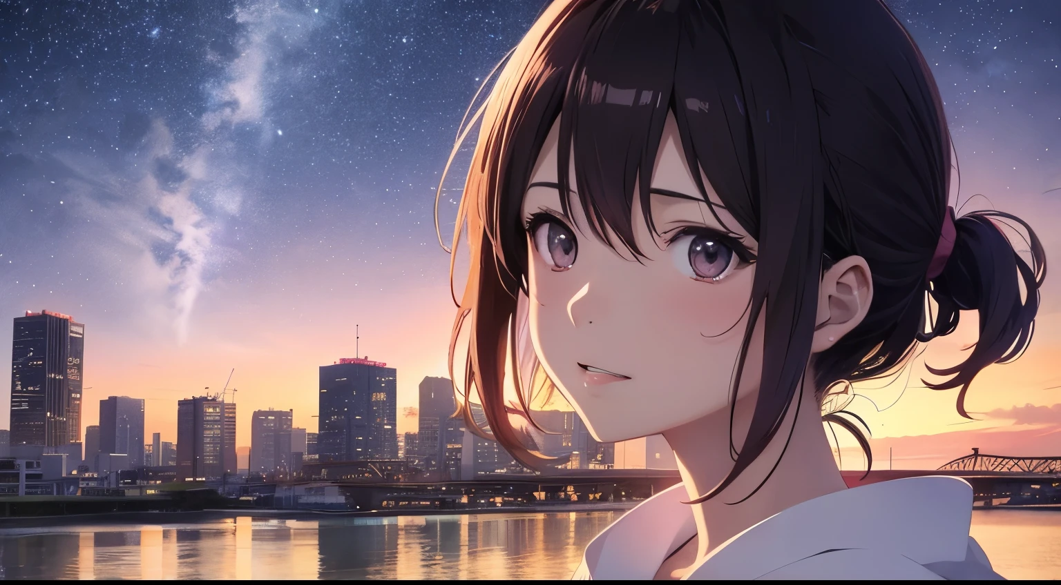 High resolution8K, NSFW, bright light lighting, anime style, film portrait photography, 1 girl, makoto shinkai, 日本のanime style, pastel starlight, Tokyo city lights, 1 girl, ridiculous solution, High resolution, sunset sky, Dramatic scenes, (masterpiece:1.4), super detailed, pink clouds, Anime characters in a scene with a sky background, your name movie style, Still images of TV anime, yourname,