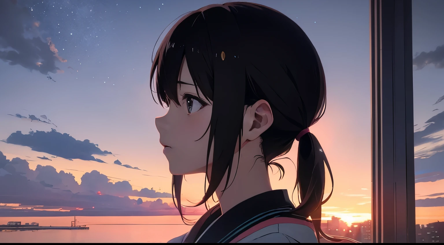 High resolution8K, NSFW, bright light lighting, anime style, film portrait photography, 1 girl, makoto shinkai, 日本のanime style, pastel starlight, Tokyo city lights, 1 girl, ridiculous solution, High resolution, sunset sky, Dramatic scenes, (masterpiece:1.4), super detailed, pink clouds, Anime characters in a scene with a sky background, your name movie style, Still images of TV anime, yourname,