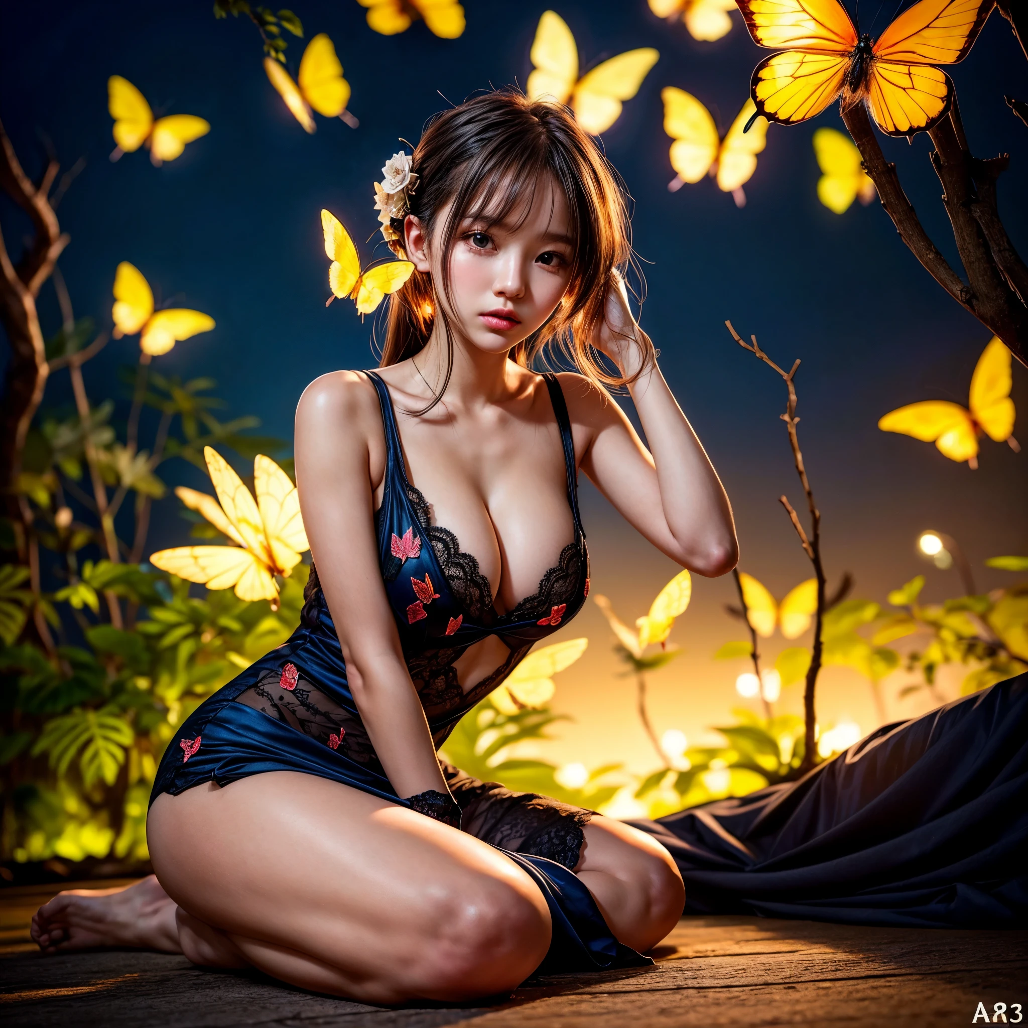 1girl, official art, unity 32k wallpaper, ultra detailed, beautiful and aesthetic, best quality, intricate details, (dynamic angle:1.4), glowing skin, portrait of the most beautiful form of chaos, elegant, a brutalist designed, vivid colours, romanticism, atmospheric, depth of field, photo of a girl wearing intricate butterflies and flowers as dress, arms up, ((decay and spooky)), firefly glow, dark and moody, plants and branches, atmospheric, trending on artstation, 32k top masterpiece, ((symmetry)), (a lot of colorful butterflies and yellow fireflies:1.3), (yelowish glow), (horror art by apterus:1.2), monster, >, zwd, zuowangdao , zwd, lifelike, red petal, atmospheric, ethereal, full body , sitting, beautiful and aesthetic, Eiffel, reflection varies multi etc. --v6 --s1000 --c20 --q5 --chaos100