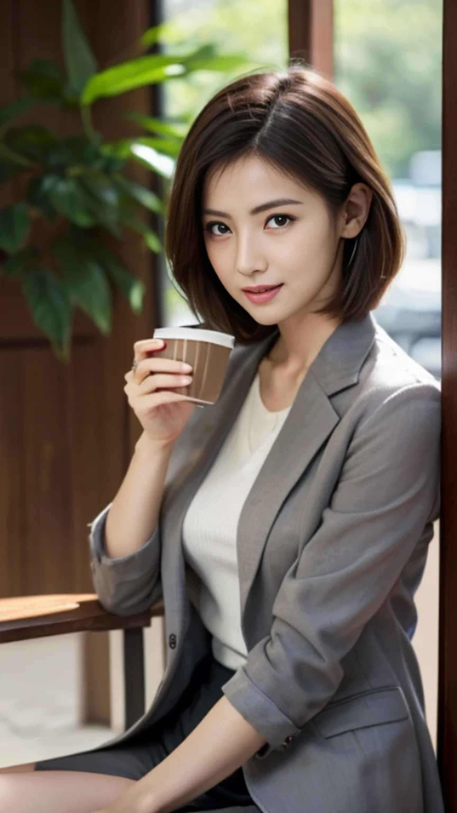 Photorealistic beautiful nurse、amazingly beautiful、((a stylish suit、Business Pants))、(highest quality、8K、32k、masterpiece、nffsw:1.3)、ultra high resolution,(Photoreal:1.4),Raw photo, detailed face,,beautiful hair、very short hair 、nipple、 natural makeup,, small perfect breasts、(stylish cafe、drink coffee), detailed background, perfect lighting, Depth of written boundary, beautiful shadow gradation ,、thin limbs、thin thighs、(whole body)、