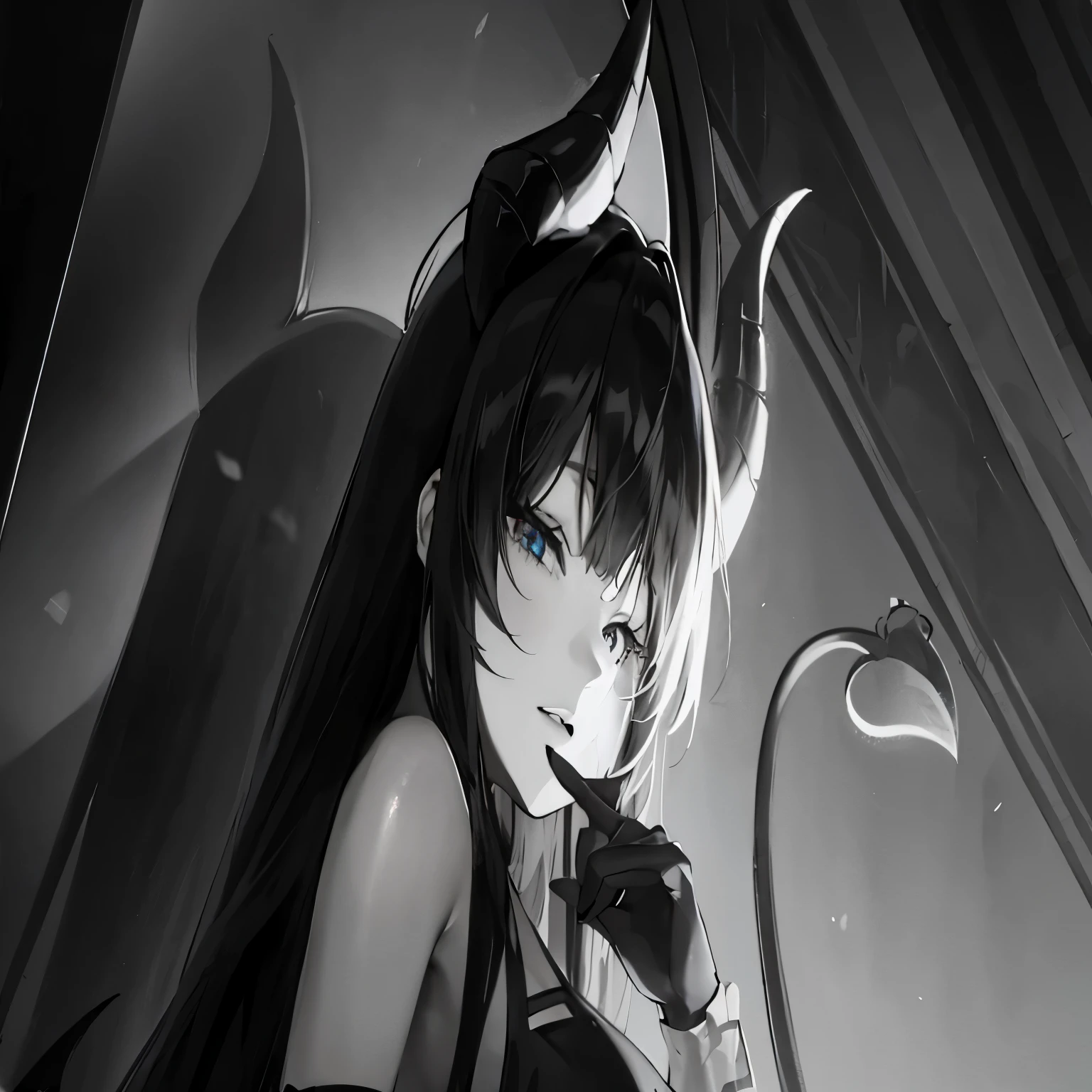 anime, Preto e branco, garota, chifres, chifres, chifres, chifres, chifres, chifres, chifres, mika kurai demon, demon anime garota, demon garota, together, beautiful together, together in sundress portrait, demon giesha, portrait of demon garota, demon, Gapmoe Yandere Grimdark, retrato de um demon feminino, Ahri