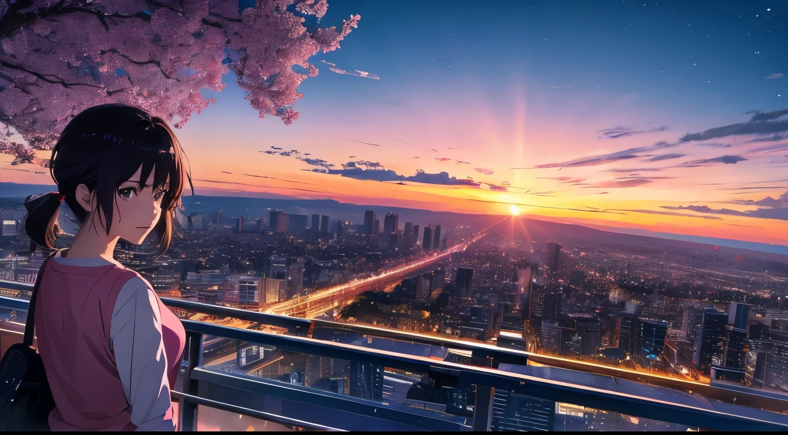 High resolution8K, NSFW, bright light lighting, anime style, film portrait photography, 1 girl, makoto shinkai, 日本のanime style, pastel starlight, Tokyo city lights, 1 girl, ridiculous solution, High resolution, sunset sky, Dramatic scenes, (masterpiece:1.4), super detailed, pink clouds, Anime characters in a scene with a sky background, your name movie style, Still images of TV anime, yourname,