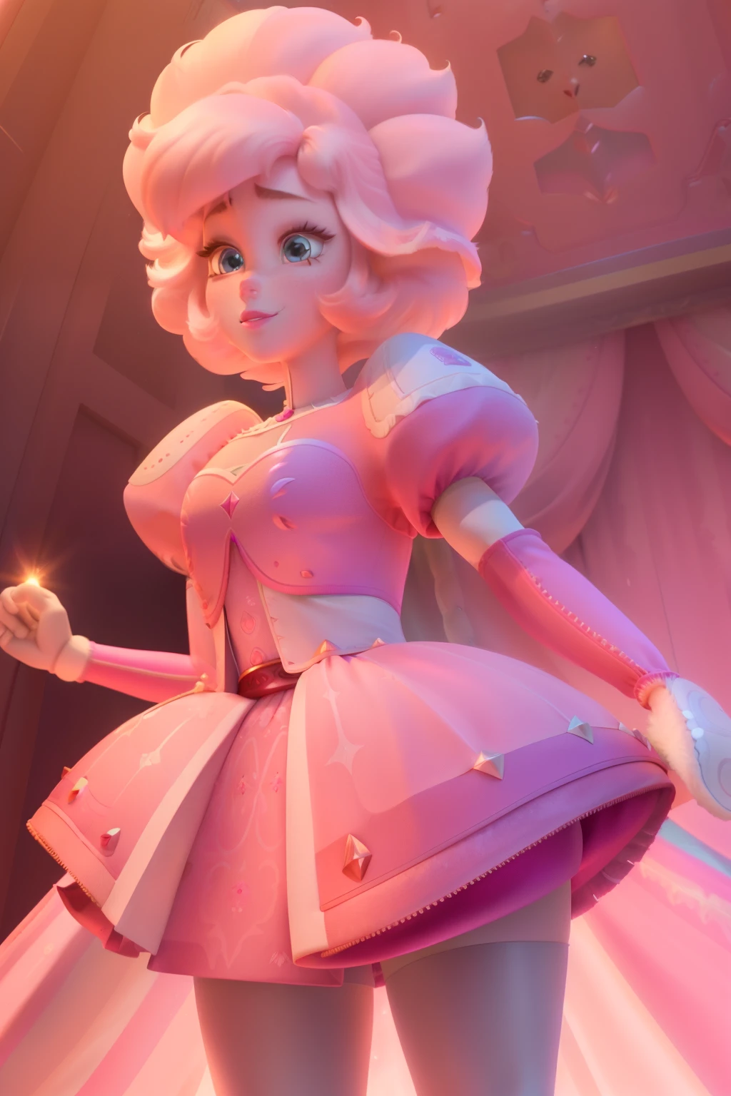pnkdamond, pink hair, pink eyes, big hair, stomach gem, pink skin, toned,
puffy short sleeves, elbow gloves , white thighhighs, puffy dress,
standing, upper body,
outerspace,
(insanely detailed, beautiful detailed face,beautiful detailed eyes, masterpiece, best quality) cinematic lighting, smile,