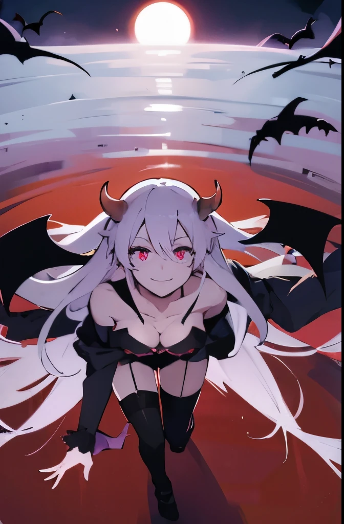 yandere,Smile,horn,blood,full-body shot,purple lunar eclipse,bat wings,woman flying in mid air,Succubus,orange eyes,long hair,white hair,black stockings,Double shoulders,black,night