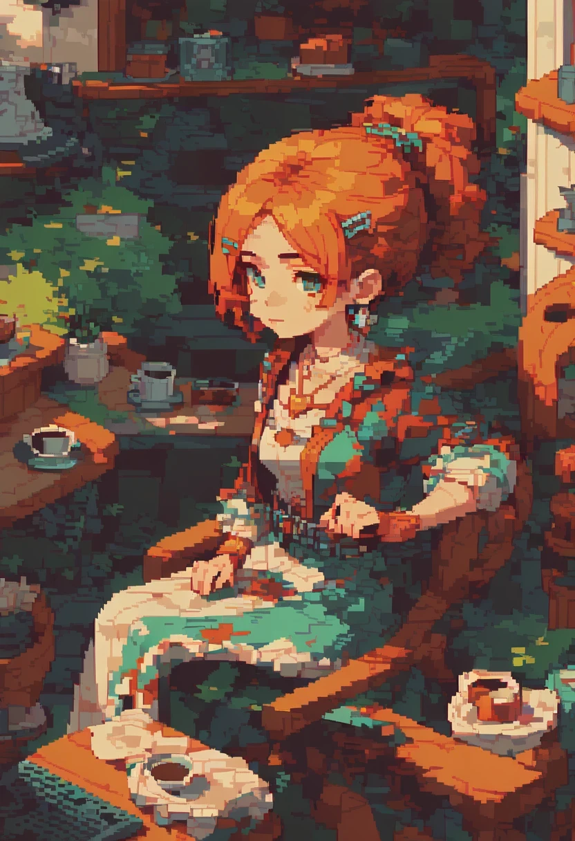 Pixel Art, (masterpiece),( best quality), 1girl,Coffee shop,Short Hair Girl,Hairpin,Earrings,Hat,long Hairstyle,Hair color,Fashion Girl,Sit in the bar chair,(side:1.2),(Look ahead:1.5), PixelArt,pixel,31bits