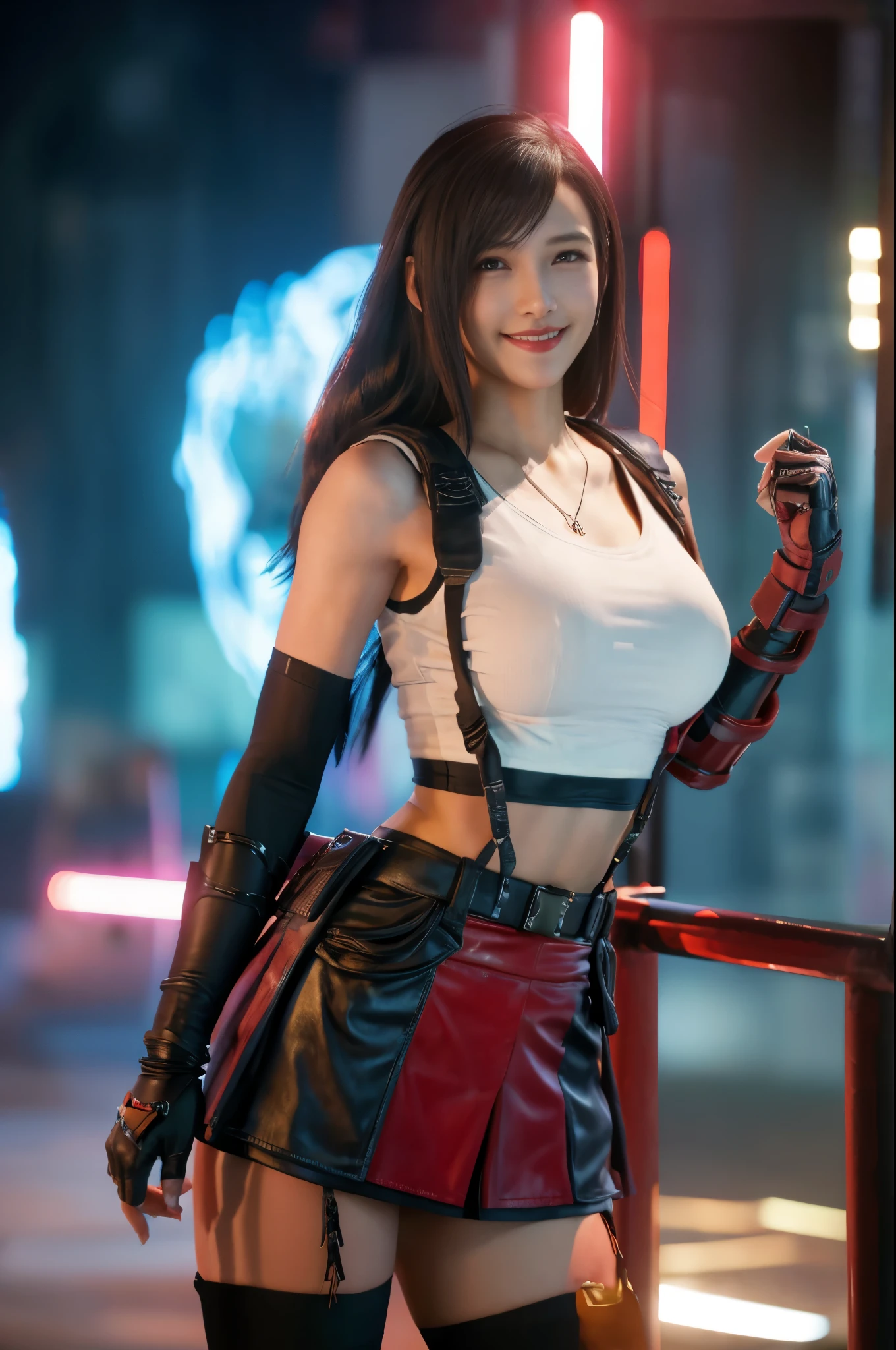 (8K, best quality, masterpiece:1.2), (actual, photo-actual), Super detailed, 1 girl,Lovely, alone, (Tifa Lockhart), (huge breasts), (Smile:1.2), (Keep your mouth shut), posture, 摆posture, neon lights, city View, depth of field, depth of field, good composition, Final Fantasy VII, ankle boots, black hair, black Raise your legs high, Red boots, Elbow gloves, Elbow pads, fingerless gloves, tight shirt, Good at sports, (Suspenders attached to skirt), Raise your legs high, (white vest), whole body, Very long hair, ((Red_Eye)), flower, (night), Bokeh, movie lighting, National Science Foundation, perfect breasts, sakimychan style，Huge bresats，，Smile，necklace