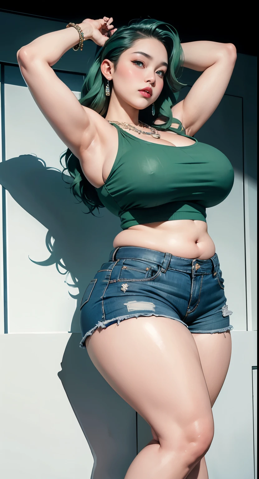 photorealistic, high resolution, soft light,1women, solo, wide hips, (detailed face),tattoo, jewelry, , , blue and green hair Color , (closeup), wide angle,, (busty), armpit , Slightly fat belly, large breasts, full body angle, 80 years old woman , thick thighs , thick arms , standing in dark rooms, short pants, wearing a three bracelet, wearing two diamond necklace , wearing a watch, wearing airmax shoes , japanese goddess, wavyshort hairstyle, fat belly, thick fat belly, thick wide hips, thick arm, bbwchan, massive arm, full body,