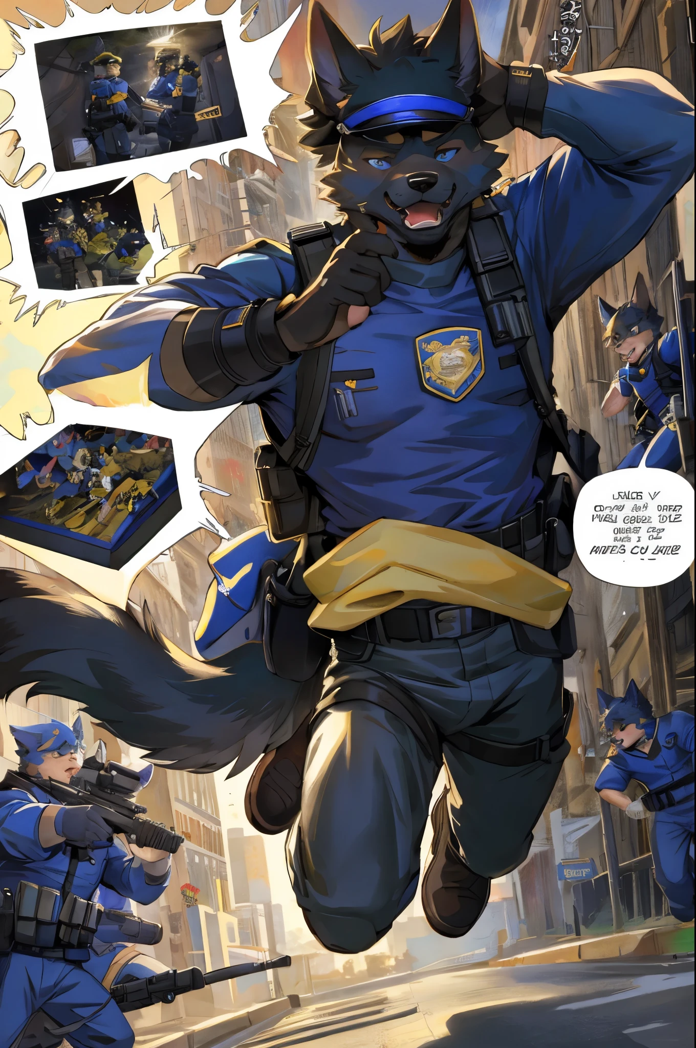 top quality, best quality, highres, masterpiece, super high resolution, detailed background, street, gasping for air(super handsome boys, dog)police officer, swat, police uniform, 6+boys, 6+girls, absurdres(highly detailed beautiful face and eyes)perfect anatomy, good lighting, cinematic shadow(kemono, furry anthro)assorted expressions, assorted poses, assorted angles, full body, upper shot, dynamic angle(boys comic-like panel layouts, speech balloon, English text, Hand-drawn sound effects stickers used in battle comic),