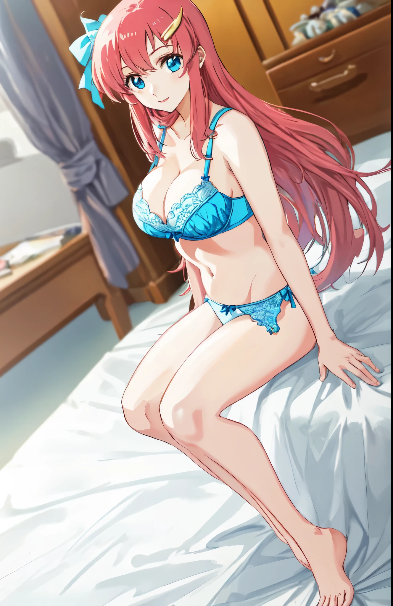 anime girl in a blue bra with a white bow and blue panty、long pink hair girl、blue eyed girl、seductive anime girl、clothing:red bra、red panties、anime moe art style、big breasts、girl with very big breasts、(anime girl)、attractive anime girl、naughty anime style、Beautiful charming anime teen、Smooth anime CG art、indoor、cleavage、bra with an blue、panty with an blue、whole body、a girl is standing、digital anime art!!、female focus、perfect body、pretty anime girl、full body、anime best girl、solo、underwear only、Bra and panties only、8k!!、High resolution!!、