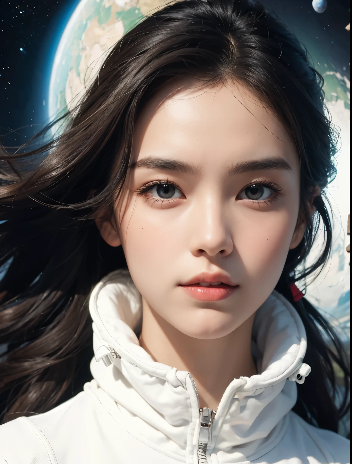 Beautiful woman. Dark brown hair. she is wearing a white coat. She is looking at the camera with a serious expression. Image of outer space and earth in her background.