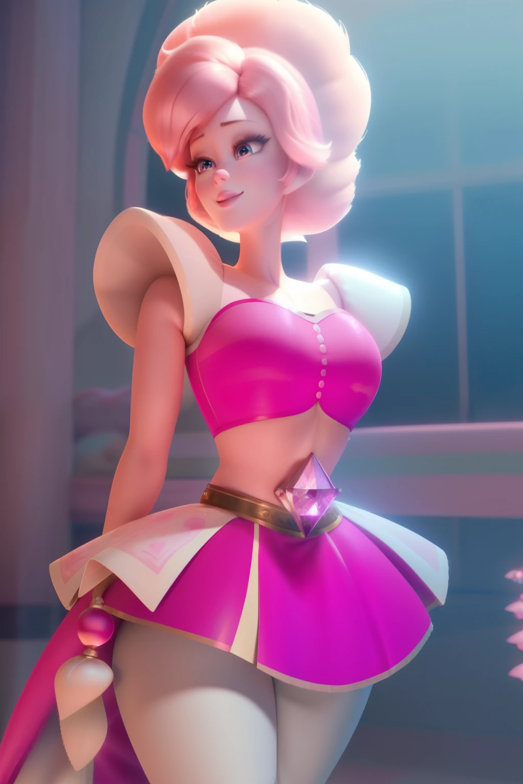 pnkdamond, pink hair, pink eyes, big hair, stomach gem, pink skin, toned,
puffy short sleeves, elbow gloves , white thighhighs, puffy dress,
standing, upper body,
outerspace,
(insanely detailed, beautiful detailed face,beautiful detailed eyes, masterpiece, best quality) cinematic lighting, smile,