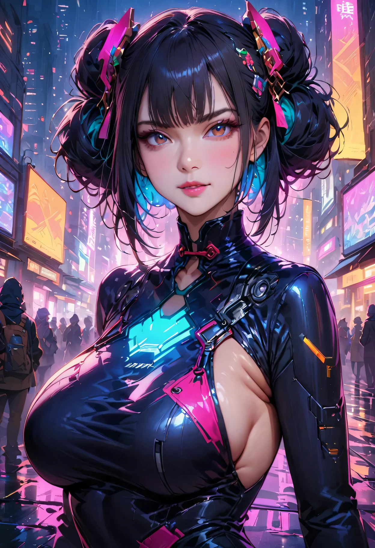 (best quality,4k,highres,masterpiece:1.2),ultra-detailed,(realistic:1.37), Portrait close-up，Sexy，A girl Chinese costume cyberpunk, （cyberpunk，Chinese clothing，cybernetic implants），looking at camera,hair accessories, bright colors，neon lights，glowing city skyline，future fashion clothing，A combination of traditional and modern elements，Avant-garde makeup，beautiful breasts，colored inner hair, gradient hair, double bun，Sexual innuendo，confidence and determination，city environment，Metallic feeling，Mechanical armor, Gorgeous accessories，High-tech products，Impressive cybernetic enhancements，Clear focus，gnarly details, Overclocked rendering, Cinematic edge light, fine light, masterpiece, Super details, epic work, ultra high definition, high quality, 32k