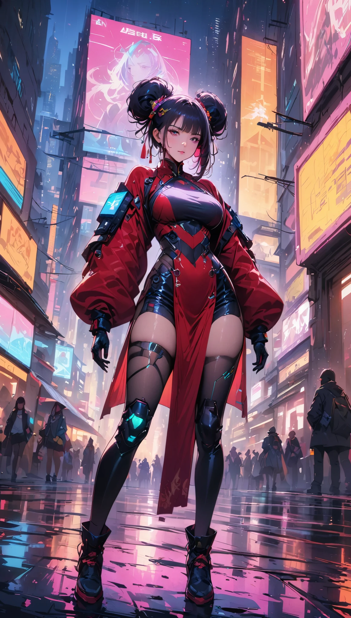 (best quality,4k,highres,masterpiece:1.2),ultra-detailed,(realistic:1.37), Sexy，A girl Chinese costume cyberpunk, （cyberpunk，Chinese clothing，cybernetic implants），looking at camera,hair accessories, bright colors，neon lights，glowing city skyline，Fashion clothing and shoes of the future，A combination of traditional and modern elements，Avant-garde makeup，beautiful breasts，colored inner hair, gradient hair, double bun，Sexual innuendo，confidence and determination，city environment，Metallic feeling，Mechanical armor, Gorgeous accessories，High-tech products，Impressive cybernetic enhancements，Clear focus，gnarly details, Overclocked rendering, Cinematic edge light, fine light, masterpiece, Super details, epic work, ultra high definition, high quality, 32k