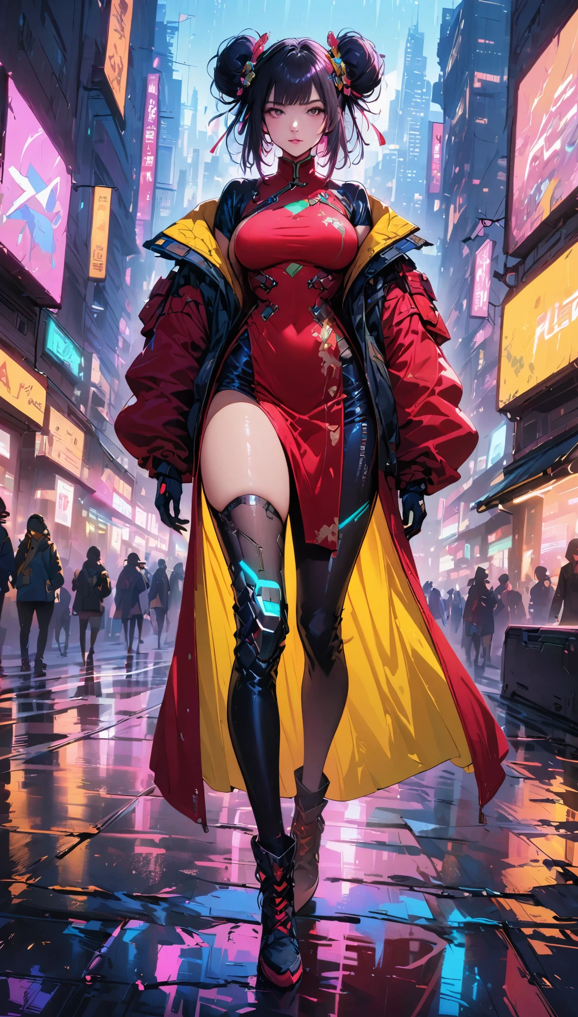 (best quality,4k,highres,masterpiece:1.2),ultra-detailed,(realistic:1.37), Sexy，A girl Chinese costume cyberpunk, （cyberpunk，Chinese clothing，cybernetic implants），looking at camera,hair accessories, bright colors，neon lights，glowing city skyline，Fashion clothing and shoes of the future，A combination of traditional and modern elements，Avant-garde makeup，beautiful breasts，colored inner hair, gradient hair, double bun，Sexual innuendo，confidence and determination，city environment，Metallic feeling，Mechanical armor, Gorgeous accessories，High-tech products，Impressive cybernetic enhancements，Clear focus，gnarly details, Overclocked rendering, Cinematic edge light, fine light, masterpiece, Super details, epic work, ultra high definition, high quality, 32k