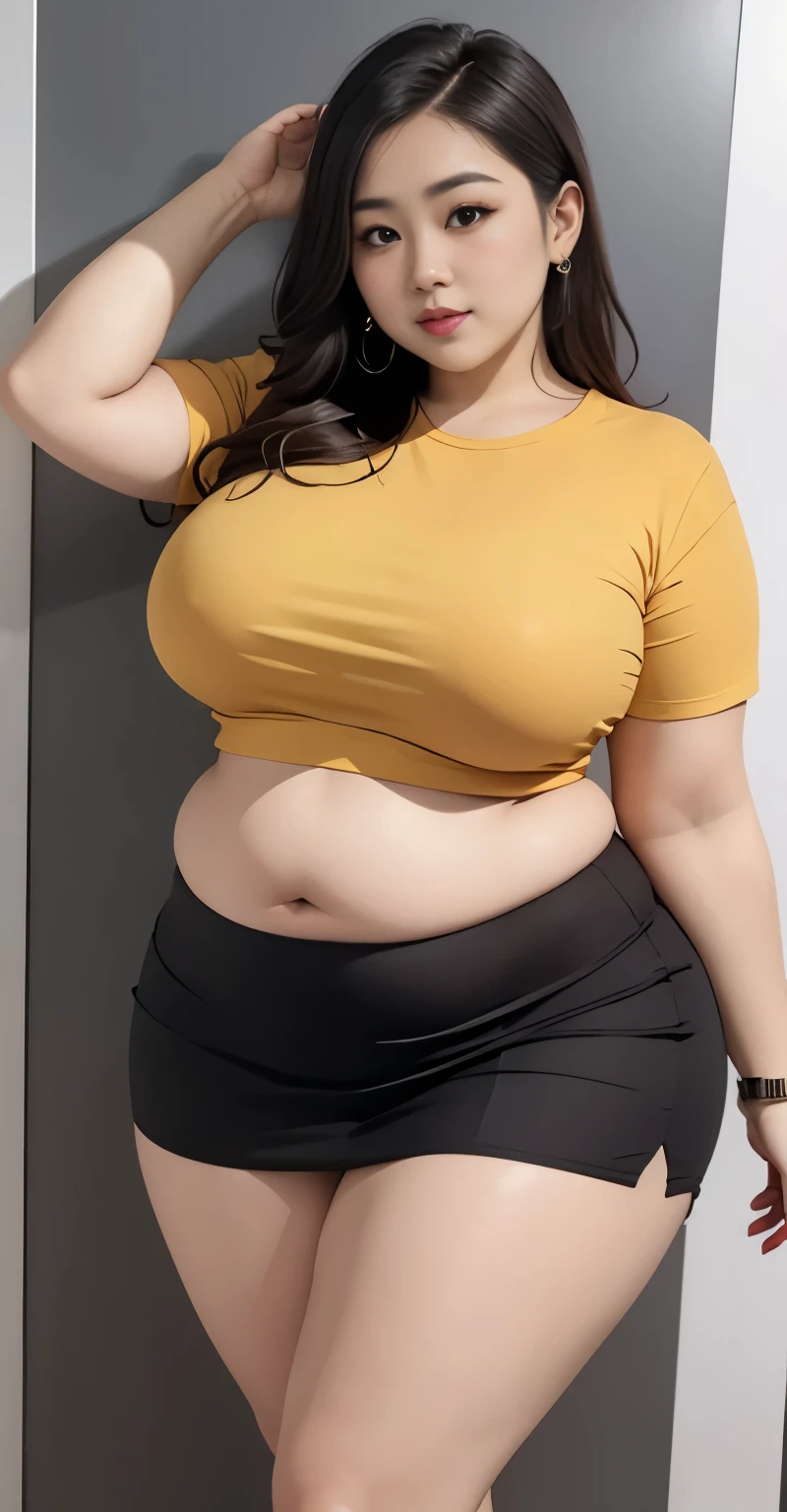 arafed woman in a short skirt posing in front of a poster, thicc, wearing tight simple clothes, full body picture, she has a jiggly fat round belly, fit pic, skinny waist and thick hips, wearing honey - themed miniskirt, middle body shot, good hips and long legs, wearing crop top and miniskirt
