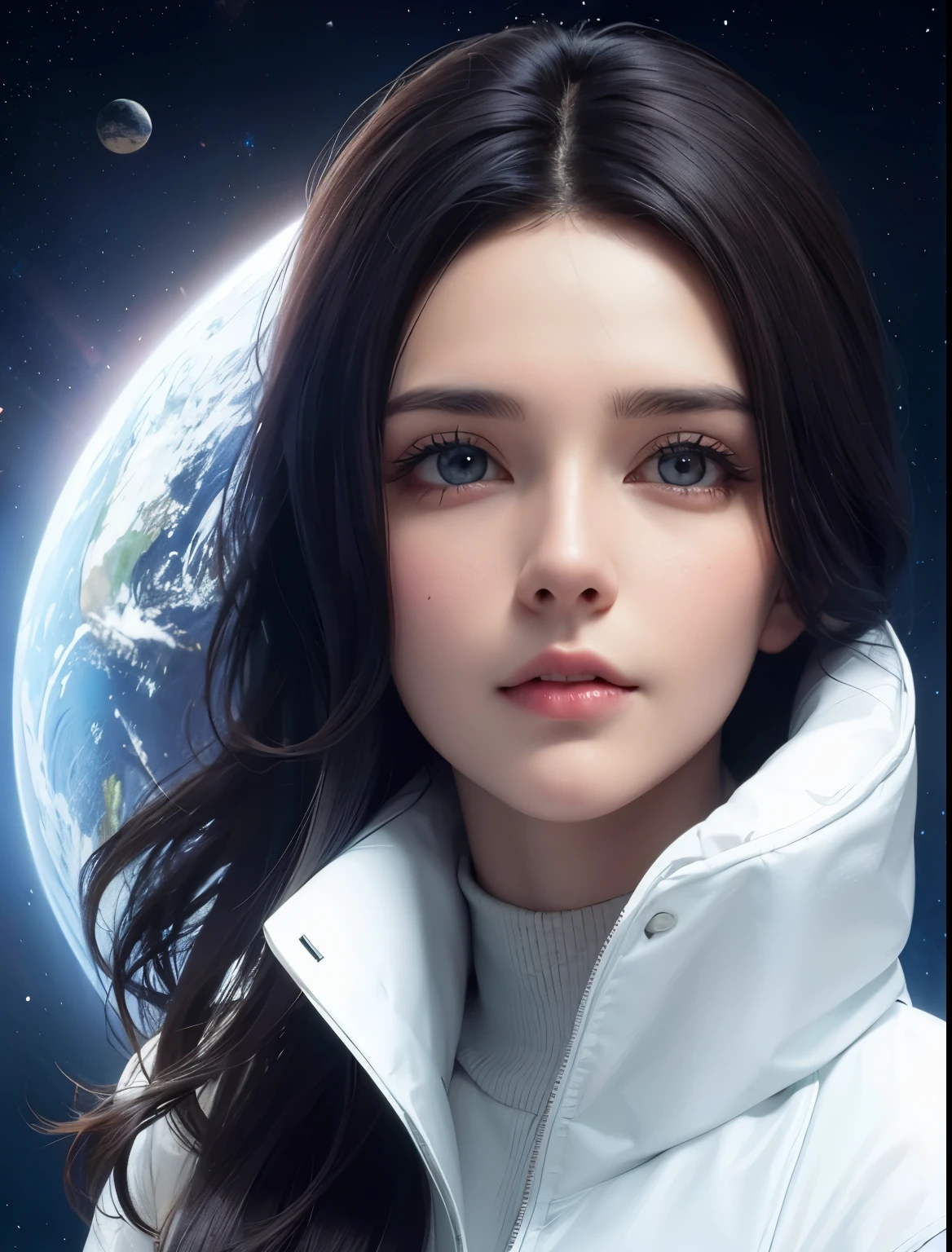 Beautiful woman. Dark brown hair. she is wearing a white coat. She is looking at the camera with a serious expression. Image of outer space and earth in her background.