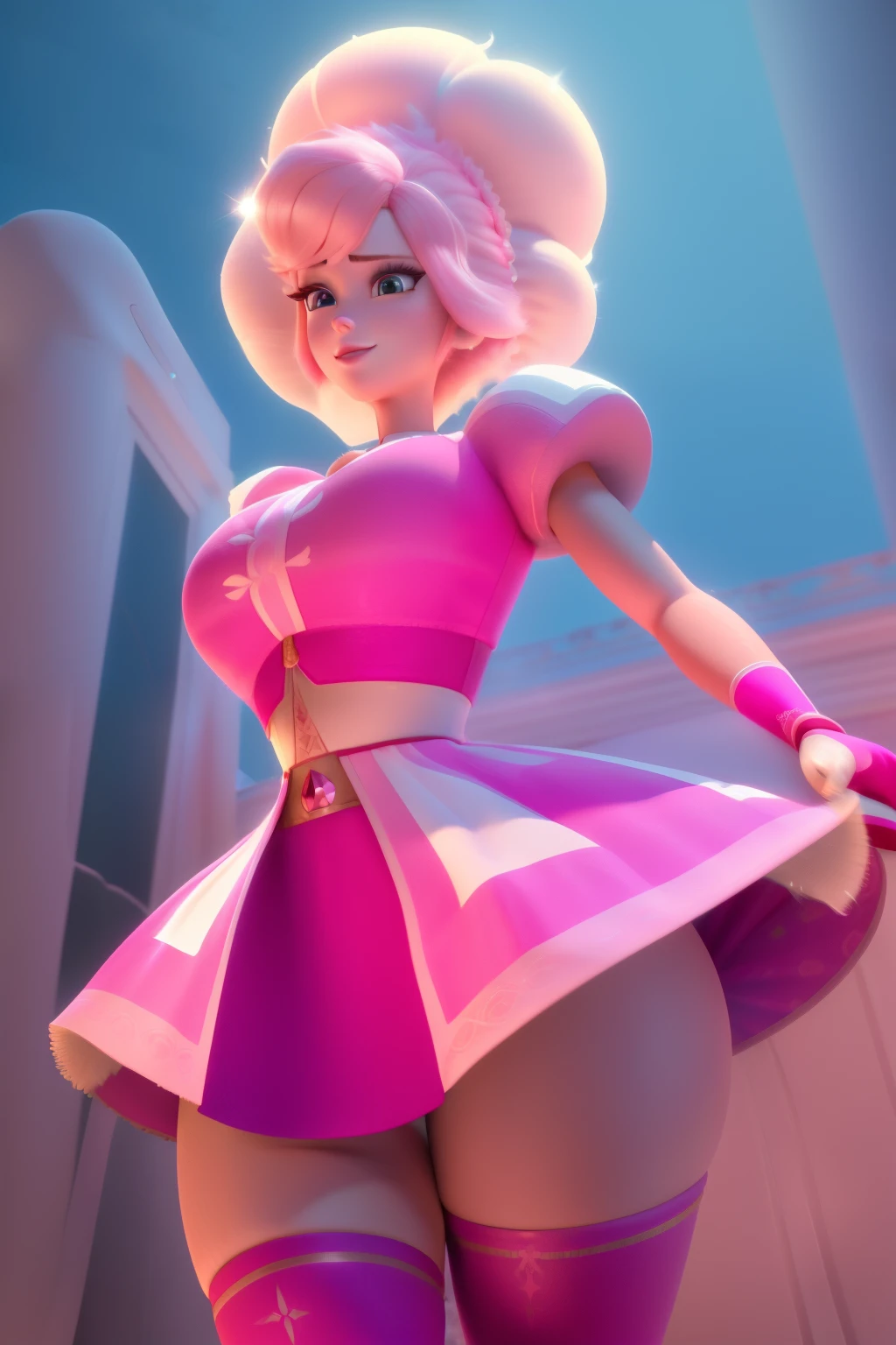 pnkdamond, pink hair, pink eyes, big hair, stomach gem, pink skin, toned,
puffy short sleeves, elbow gloves , white thighhighs, puffy dress,
standing, upper body,
outerspace,
(insanely detailed, beautiful detailed face,beautiful detailed eyes, masterpiece, best quality) cinematic lighting, smile,