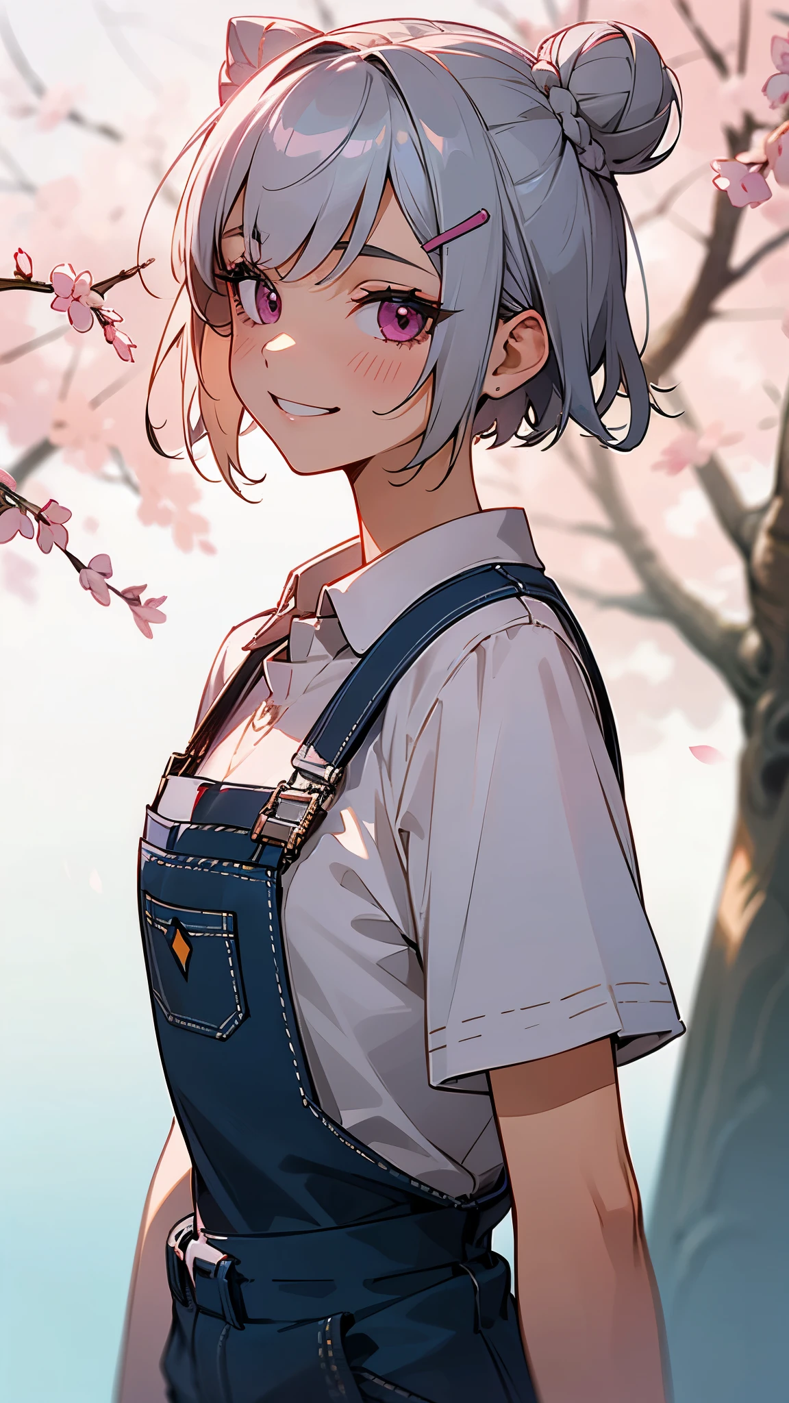 high school girl、Short silver bob hair styled into a bun with a hair clip, pink eyes、white t-shirt、 overalls、shorts、grin、From the side、upper body close-up、spring street trees