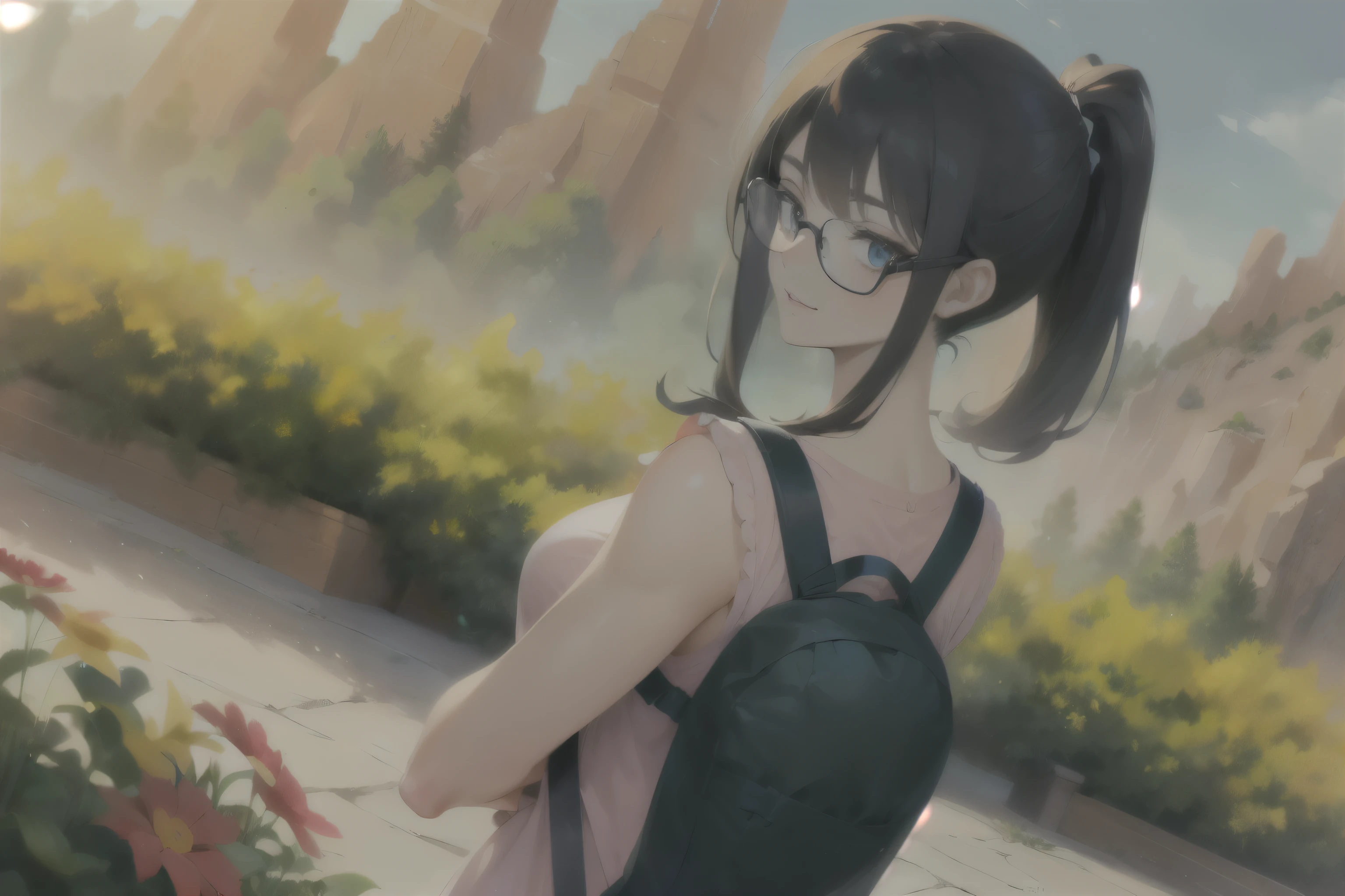 ((wide angle)) beautiful female tourist, black hair, ponytail, bangs, wearing large glasses, smirk, ((wearing a Backpacker style outfit)), morning light, Garden of the Gods