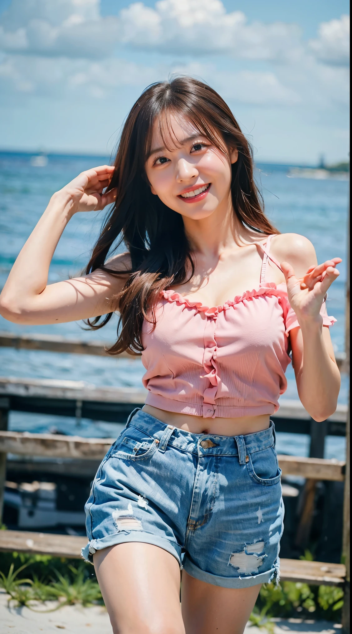(8K、Raw photo、highest quality、masterpiece:1.3)、(realistic、Photoreal)、(very big breasts:1.1)、perfect limbs、outdoor、(seaside:1.3)、cheerfully、elation、raise both hands、jump up and down、Snazzy、baseball cap、shorts、camisole