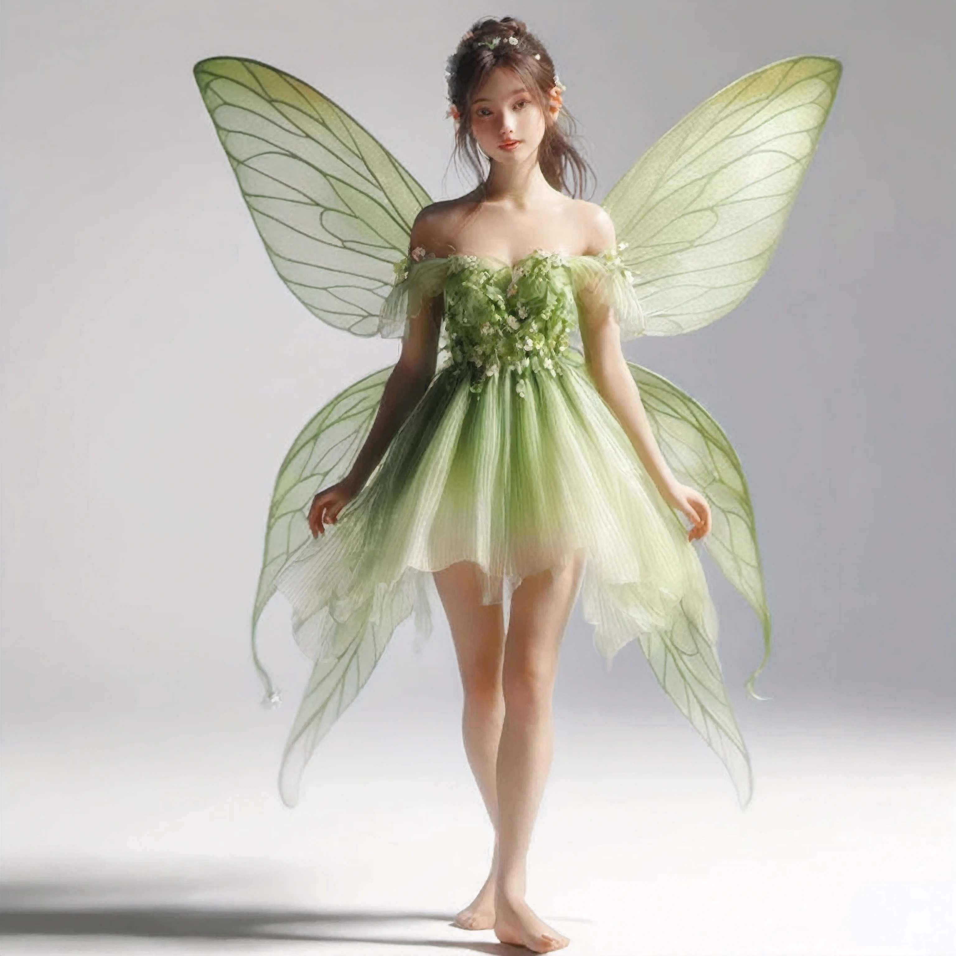 araffe fairy in a green dress with wings and flowers, beautiful adult fairy, stunning 3d render of a fairy, beautiful fairy, beautiful fairies, fairy wings, fae teenage girl, beautiful fairie, beautiful adult book fairy, beautiful adult fairy queen, brunette elf with fairy wings, fairy magnificent, fairies have wings, forest fairy, fairy dancing, faerie