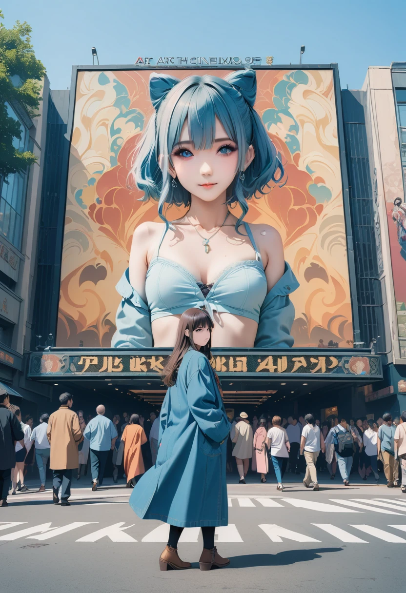 (best quality,4k,8k,highres,masterpiece:1.2),ultra-detailed,on the billboard in the city's cinema, a large poster of the movie with the name "AISHA HANABI", in the background a crowd of people on the streets of a city, (art deco), 70's, japan,