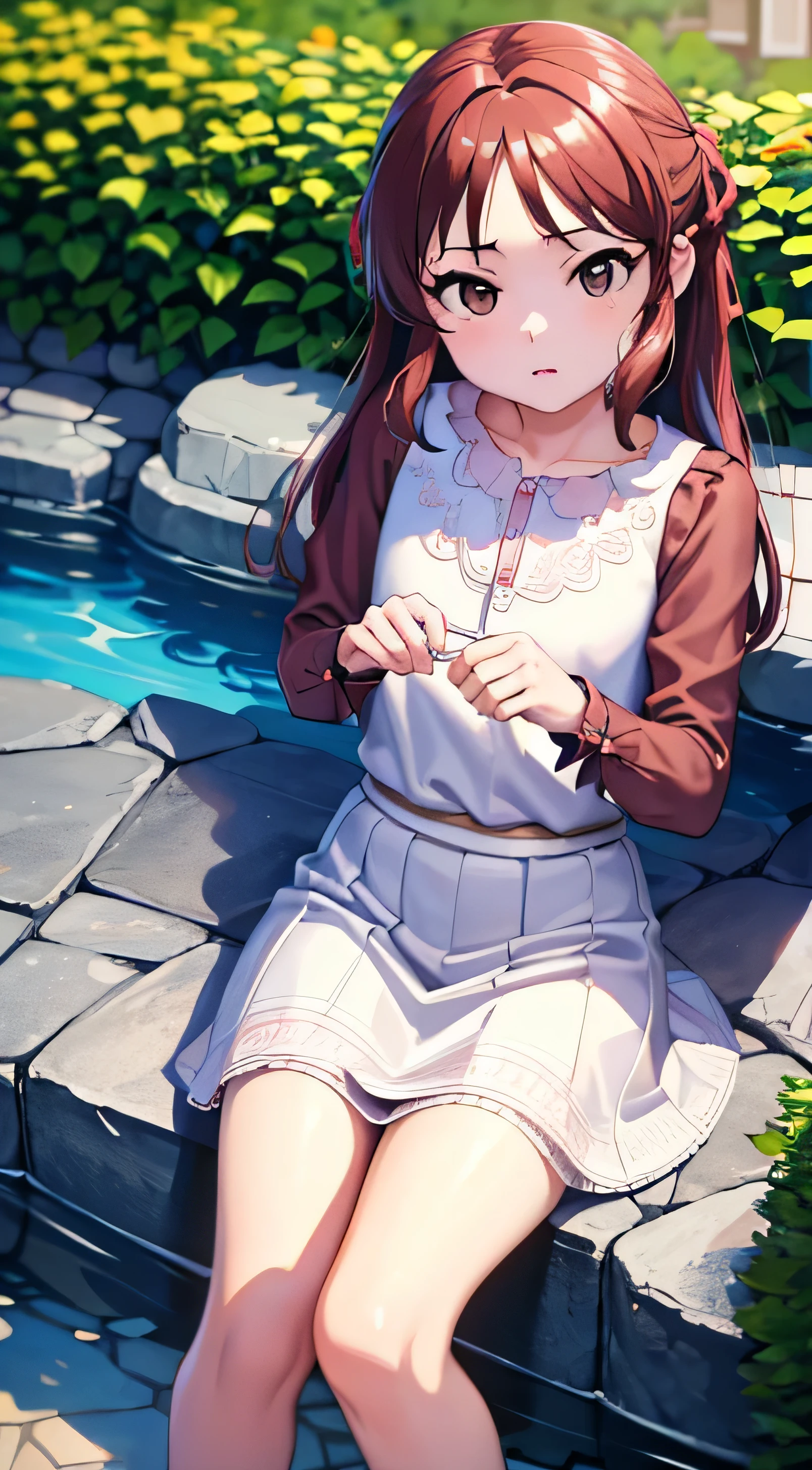 4k,8k,highres,masterpiece:1.2),ultra-detailed,(realistic,photorealistic,photo-realistic:1.37),A girl in a garden,beautiful detailed eyes,beautiful detailed lips,extremely detailed eyes and face,long eyelashes,soft red hair,flowing pink dress,peaceful expression,bright and vibrant colors,natural sunlight,impressionistic style, 