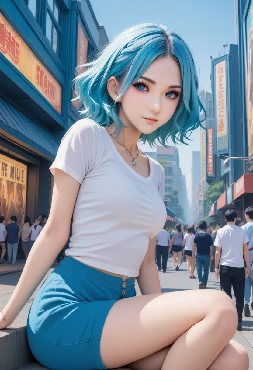 (best quality,4k,8k,highres,masterpiece:1.2),ultra-detailed,on the billboard in the city's cinema, a large poster of the movie with the name "AISHA HANABI", blue hair with side pigtsils, in the background a crowd of people on the streets of a city, (art deco), 70's, japan,