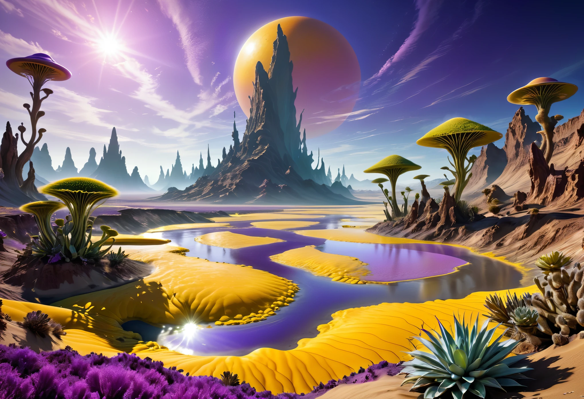 alien landscapes: 1.5, (Best quality, peace master: 1.3), (hyper-detailed, hyper-realistic color: 1.5), cosmic, exotic and surreal landscape.... 3 suns, violet sky color, the sulfur river desert landscape, flying plants of various colors, perfect composition, Best exposure (golden ratio: 1.2), HDR, dramatic and cinematic lighting, tendency towards surrealism, Trends in CG society, professional photography, immense detail, ((Perfect: 1.3, Meticulously Detailed: 1.5, Flawless, High Definition: 1.4, Cinematic: 1.4), ((Job Master)), (Hyper Detailed: 1.4), (Photorealistic: 1.4), Epic, Night : 1.4, 32k.