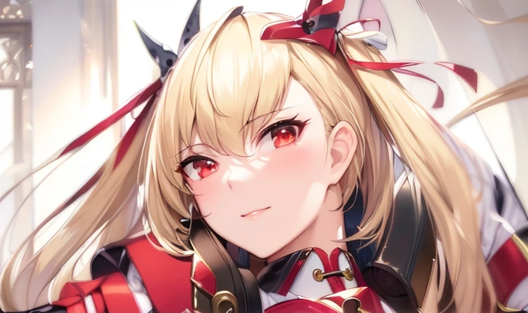 (masterpiece, highest quality, Super detailed), anime girl, full body, long hair, blonde hair, twin tails, red eyes, red ribbon, hair ribbon, bangs between eyes,  girl, large , under boob, navel, , serafuku, tailored fit, white shirt, contrasting tie, black socks, polished black shoes, ironed pleats, pleated skirt, mini skirt, red skirt