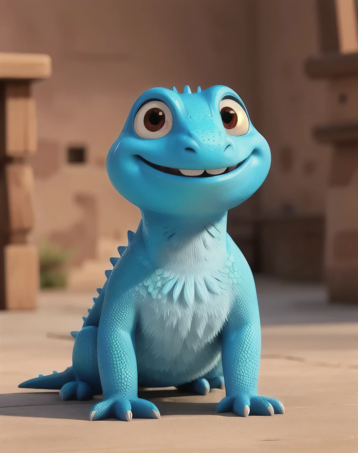A smiling and friendly blue baby lizard on its side looking at the camera, ultra detalhado, sombreado, de lado, lateral do largato