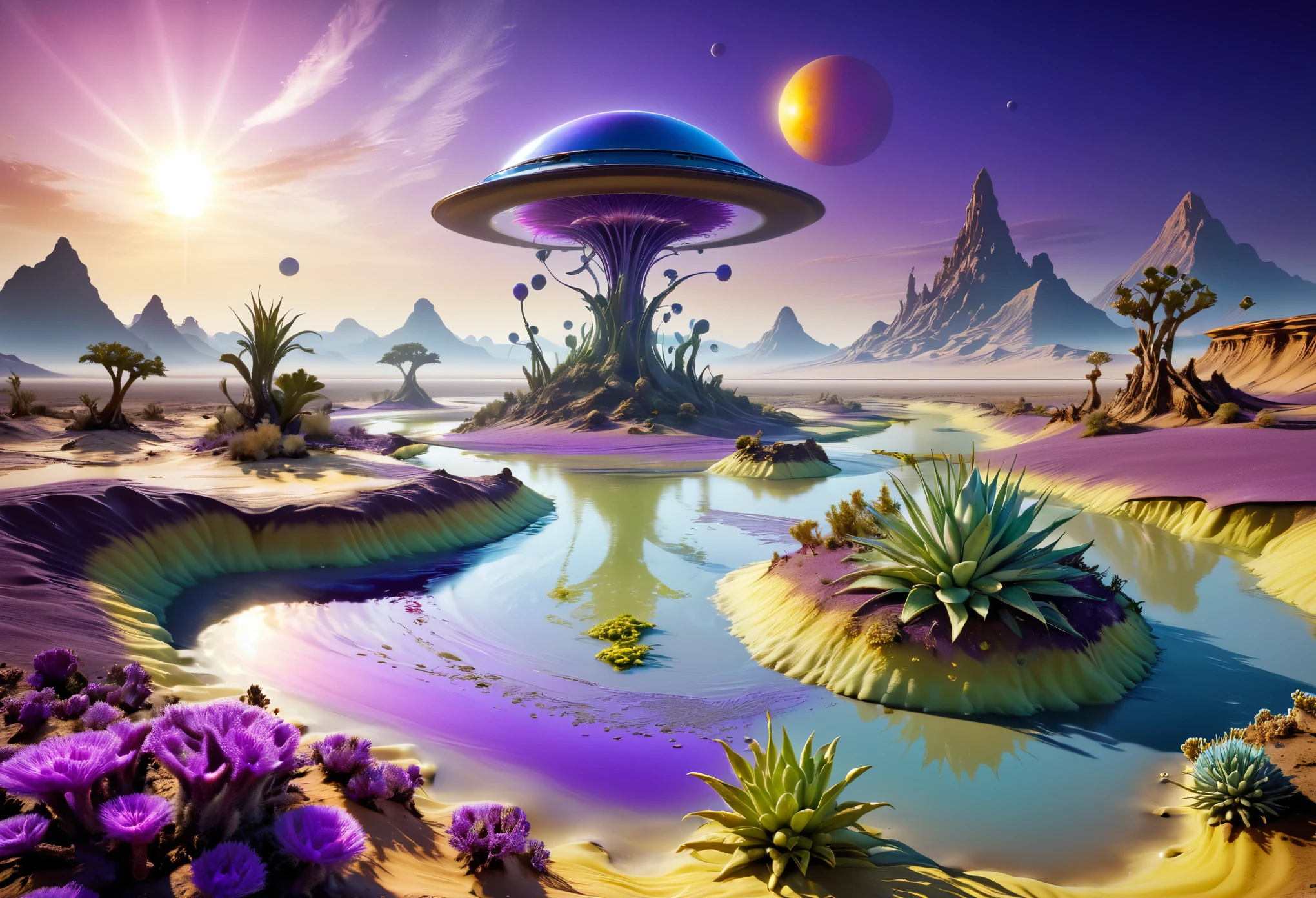 alien landscapes: 1.5, (Best quality, peace master: 1.3), (hyper-detailed, hyper-realistic color: 1.5), cosmic, exotic and surreal landscape.... 3 suns, violet sky color, the sulfur river desert landscape, flying plants of various colors, perfect composition, Best exposure (golden ratio: 1.2), HDR, dramatic and cinematic lighting, tendency towards surrealism, Trends in CG society, professional photography, immense detail, ((Perfect: 1.3, Meticulously Detailed: 1.5, Flawless, High Definition: 1.4, Cinematic: 1.4), ((Job Master)), (Hyper Detailed: 1.4), (Photorealistic: 1.4), Epic, Night : 1.4, 32k.