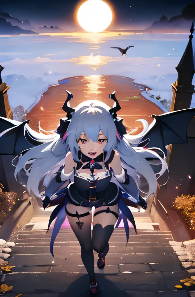 yandere，Smile，horn，blood，full-body shot，purple lunar eclipse，bat wings，woman flying in mid air，Succubus，orange eyes，long hair，white hair，black stockings，Double shoulders，black，night