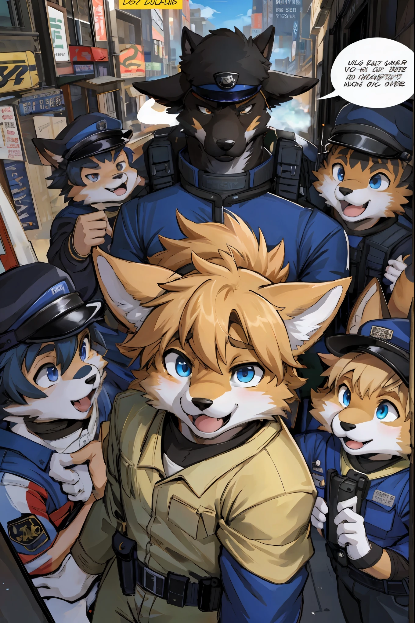 top quality, best quality, highres, masterpiece, super high resolution, detailed background, street, gasping for air(super handsome boys, dog)police officer, swat, police uniform, 6+boys, 6+girls, absurdres(highly detailed beautiful face and eyes)perfect anatomy, good lighting, cinematic shadow(kemono, furry anthro)assorted expressions, assorted poses, assorted angles, full body, upper shot, dynamic angle(boys comic-like panel layouts, speech balloon, English text, Hand-drawn sound effects stickers used in battle comic),