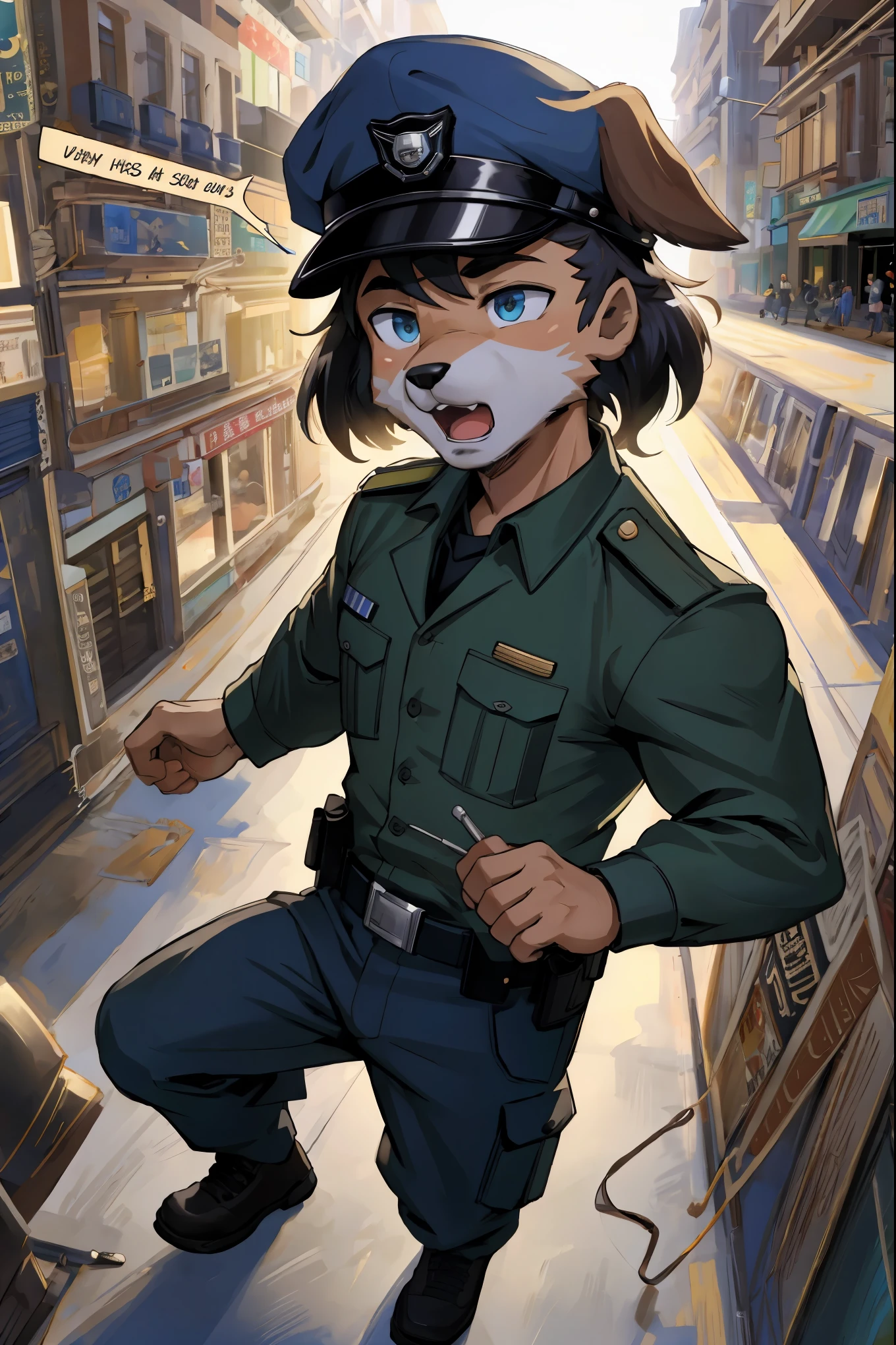 top quality, best quality, highres, masterpiece, super high resolution, detailed background, street, gasping for air(super handsome boys, dog)police officer, swat, police uniform, 6+boys, 6+girls, absurdres(highly detailed beautiful face and eyes)perfect anatomy, good lighting, cinematic shadow(kemono, furry anthro)assorted expressions, assorted poses, assorted angles, full body, upper shot, dynamic angle(boys comic-like panel layouts, speech balloon, English text, Hand-drawn sound effects stickers used in battle comic),