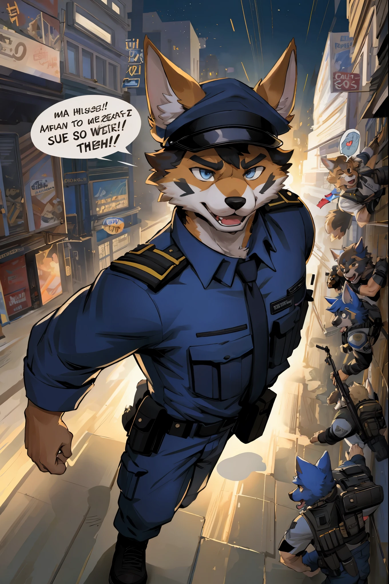 top quality, best quality, highres, masterpiece, super high resolution, detailed background, street, gasping for air(super handsome boys, dog)police officer, swat, police uniform, 6+boys, 6+girls, absurdres(highly detailed beautiful face and eyes)perfect anatomy, good lighting, cinematic shadow(kemono, furry anthro)assorted expressions, assorted poses, assorted angles, full body, upper shot, dynamic angle(boys comic-like panel layouts, speech balloon, English text, Hand-drawn sound effects stickers used in battle comic),