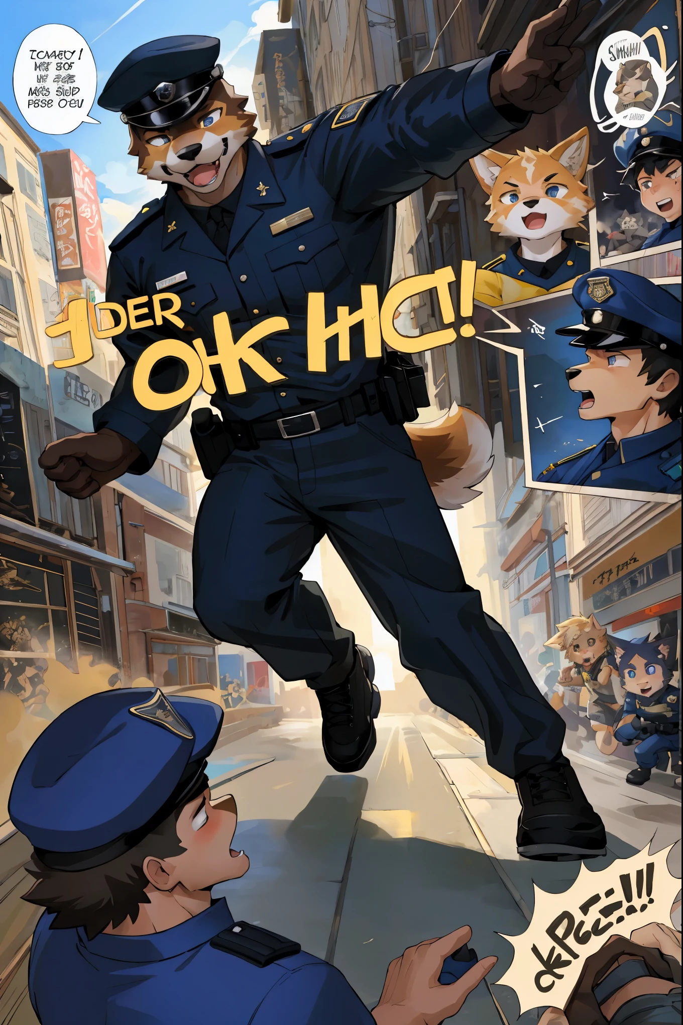 top quality, best quality, highres, masterpiece, super high resolution, detailed background, street, gasping for air(super handsome boys, dog)police officer, swat, police uniform, 6+boys, 6+girls, absurdres(highly detailed beautiful face and eyes)perfect anatomy, good lighting, cinematic shadow(kemono, furry anthro)assorted expressions, assorted poses, assorted angles, full body, upper shot, dynamic angle(boys comic-like panel layouts, speech balloon, English text, Hand-drawn sound effects stickers used in battle comic),