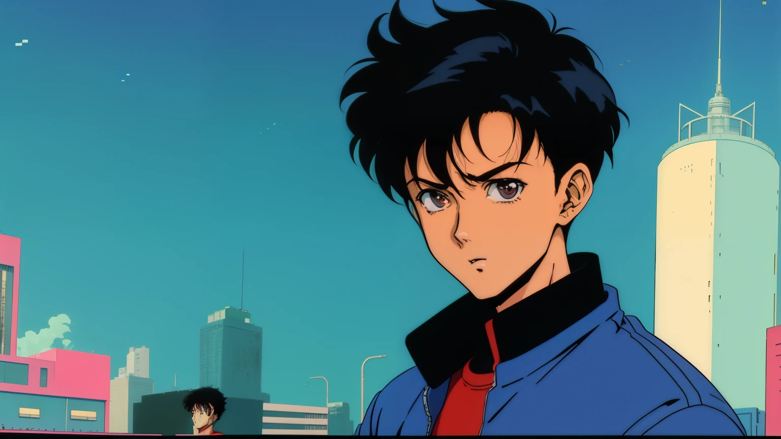 Anime characters in the city against the sky, 8 0 s anime art style, from akira ( 1 9 8 8 ) style, Shinji Ikari, retro anime images, akira movie style, akira art style, Akira Color Palette, 9 0 s anime art style, 8 0 s anime style, in the art style of 8 0 s anime