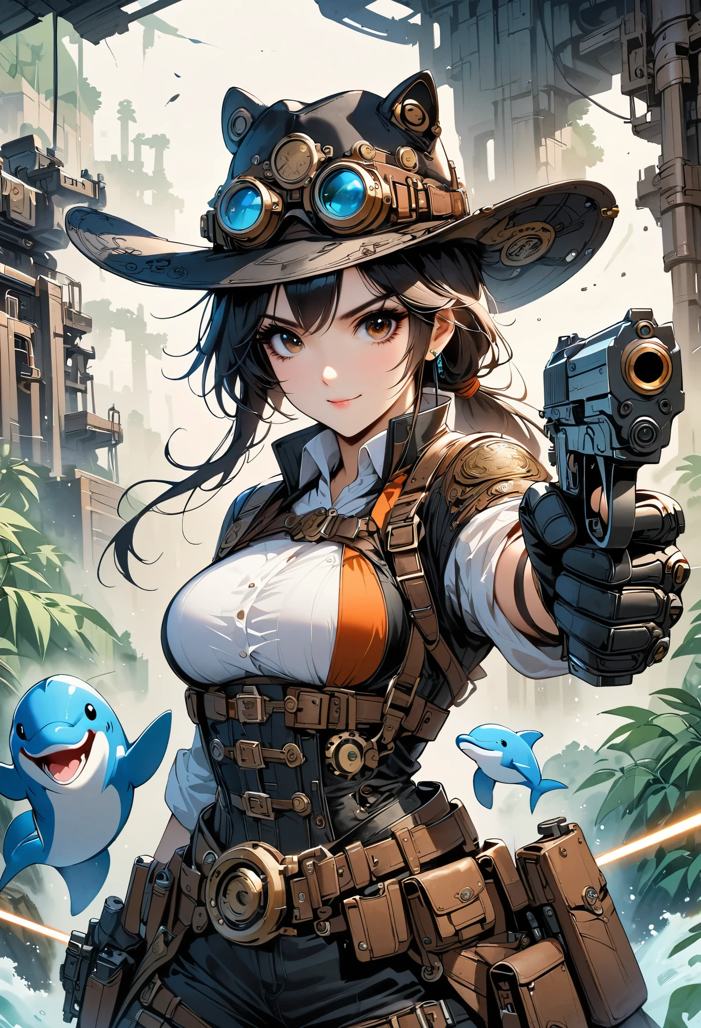 Chinese Kongfu，motion capture，body movements，tiger，(comic style),(draw line_Japanese cartoons),(Cowboy shooting, best quality, ),(Laura Budd Photos:1.2),(Laura adds details:1.0),8K, flat color:0.8,1 girl,Smile、(Highly decorative and complex mechanical steampunk fashion, Lace flared dolphin hat、goggles 1.5、mechanical background、gears background、Complex mechanized steampunk factory、1.5)，Dual-wielding pistol，aim at you，emit laser，bamboo forest