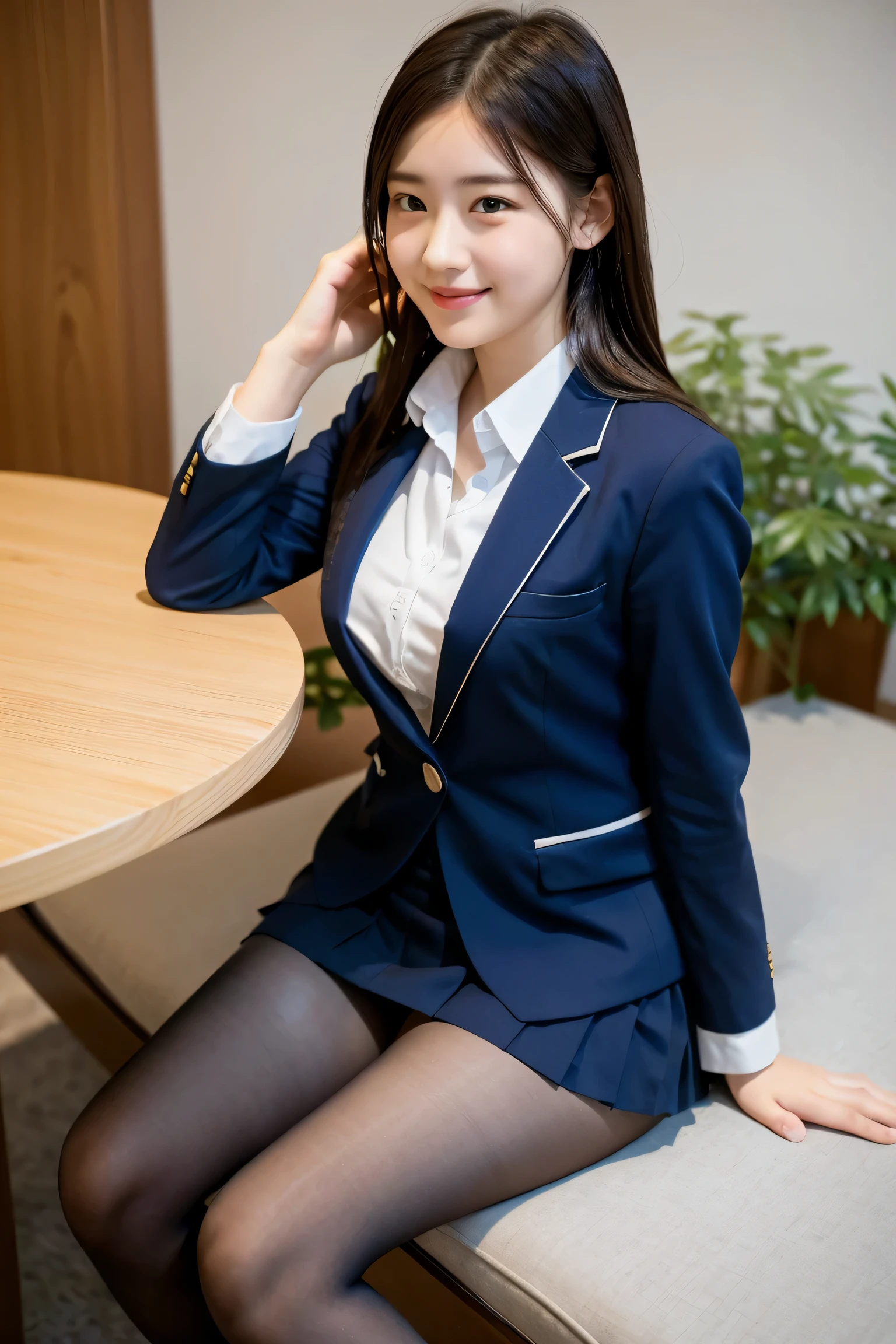 (8k), (highest quality: 1.2), (realistic), (realistic: 1.37), ultra high resolution, 1 girl, cute, smile, closed mouth, beautiful details, beautiful nose, wet hair, giant dulcefo, pork,College student uniform,simple blazer,pleated skirt,Sit down,non-transparent tights,From Above,thighs
