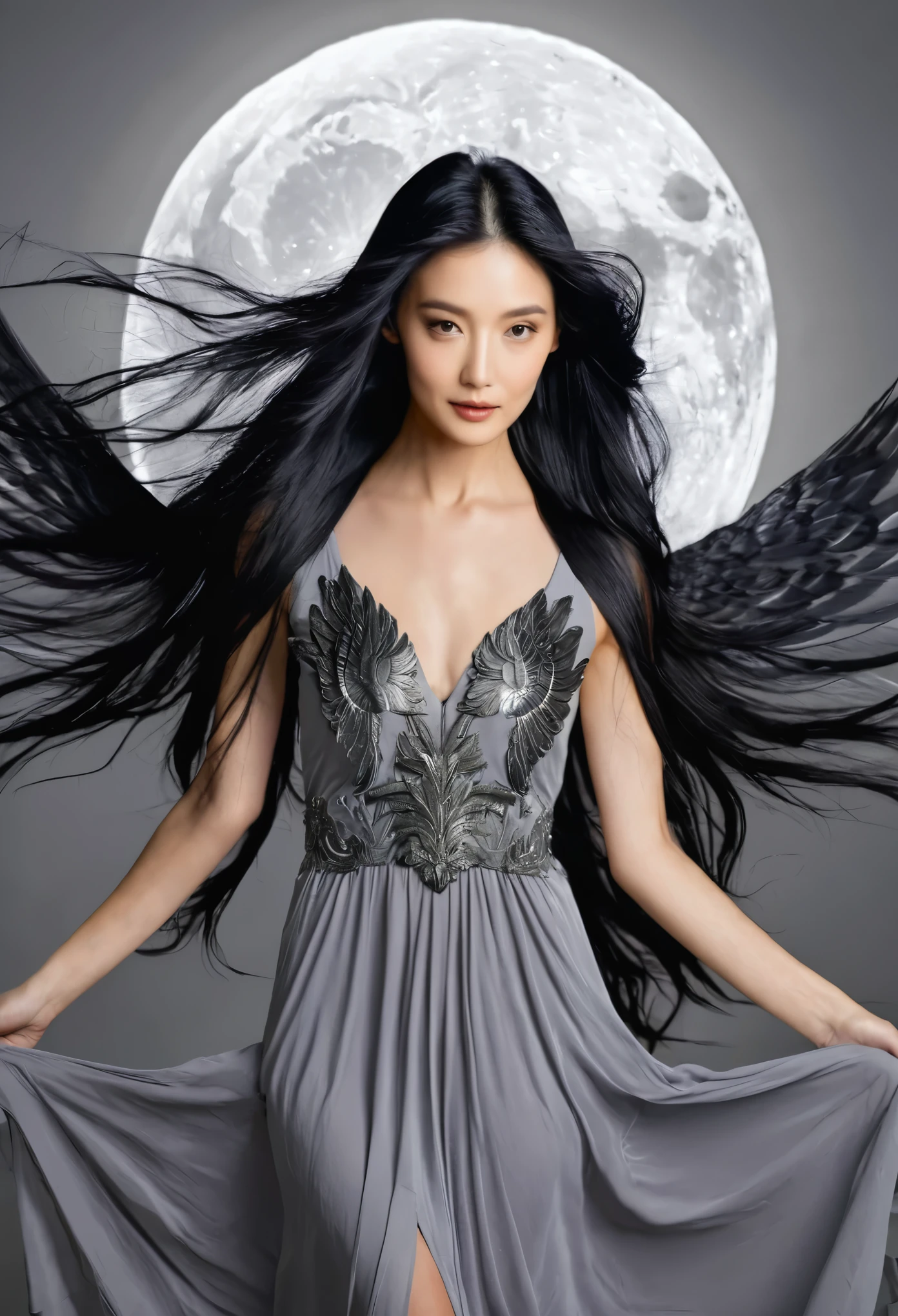 Woman with long black hair in a gray dress with 6 wings in the full moon