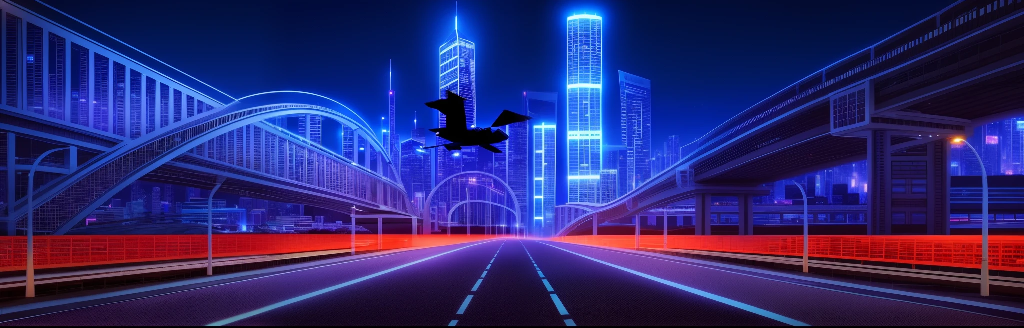 蓝色的city View，There is a bridge and a plane flying over it, The art of math, The art of math, night - time city background, city background, megacity background, city of the future, 以night city为背景, future city streets, night time city background, city night, night city, night city background, city View, city background, street city night