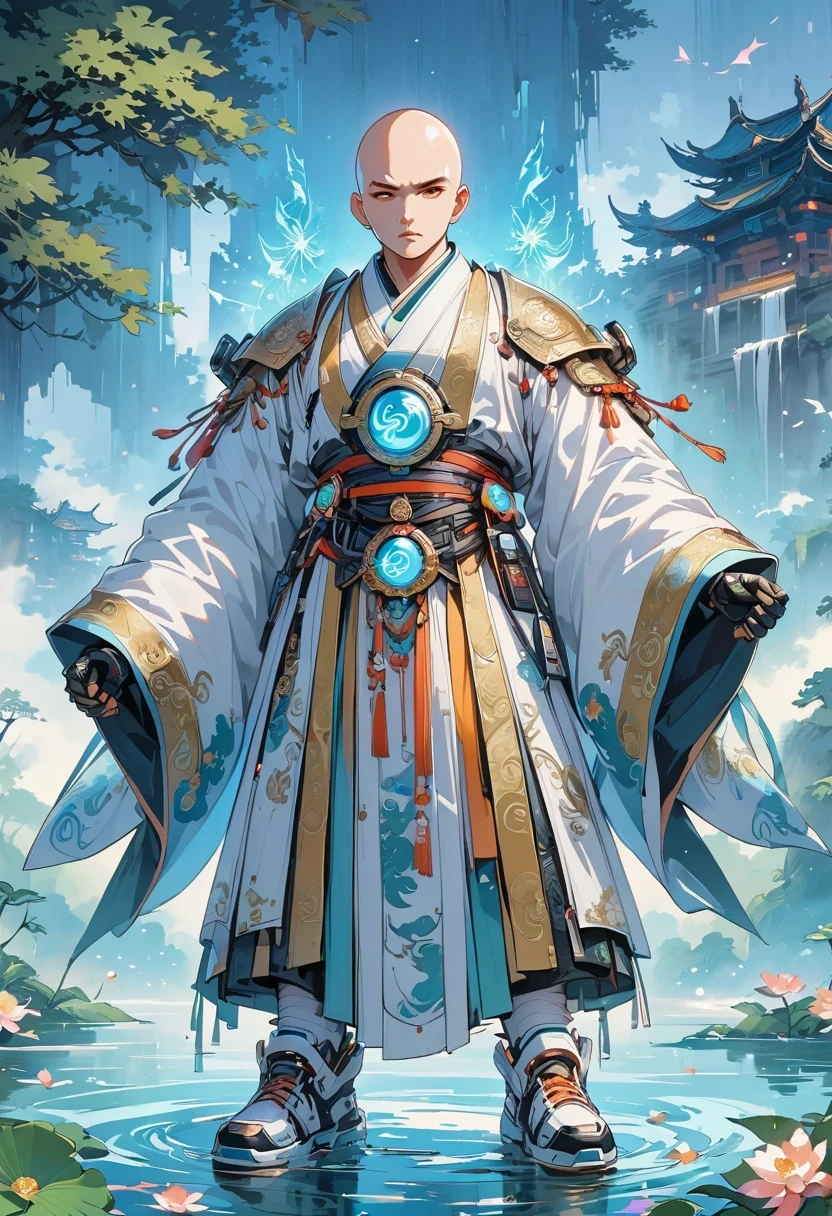 ((Vision))，((whole body))，(Bald:1.5)，Chinese monk, Wearing luxurious Hanfu robes，Robot arms and legs，cyberpunk monk holding electric rifle，standing on the lake，white socks，mechanical ceramic shoes ，futuristic style，cyberpunk，high detail