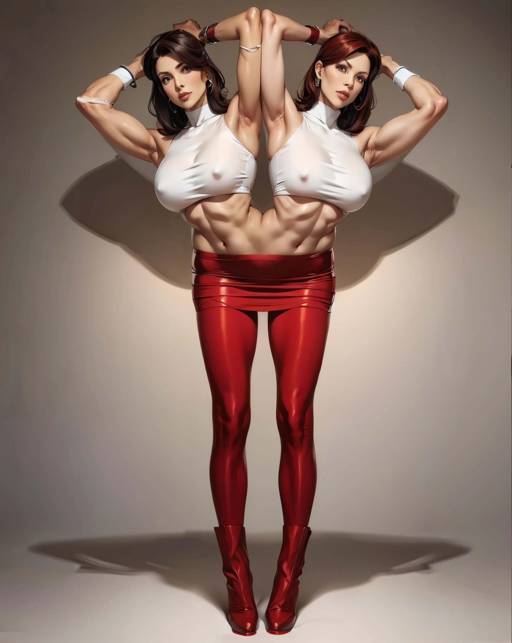 Mature person wearing red leggings:1,Red crop top:1, high quality,4k, full body,small size breasts,