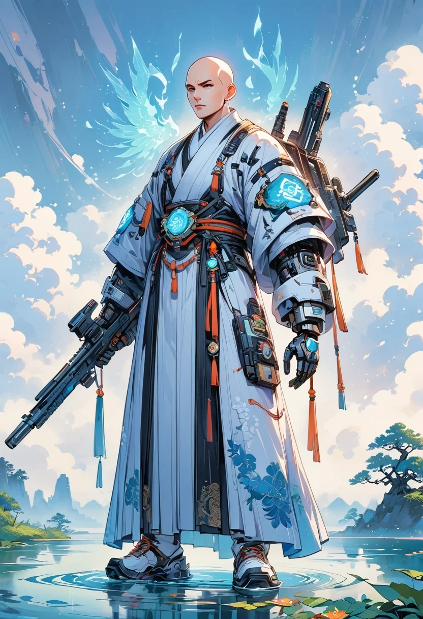 ((Vision))，((whole body))，(Bald:1.5)，Chinese monk, Wearing luxurious Hanfu robes，Robot arms and legs，cyberpunk monk holding electric rifle，standing on the lake，white socks，mechanical ceramic shoes ，futuristic style，cyberpunk，high detail