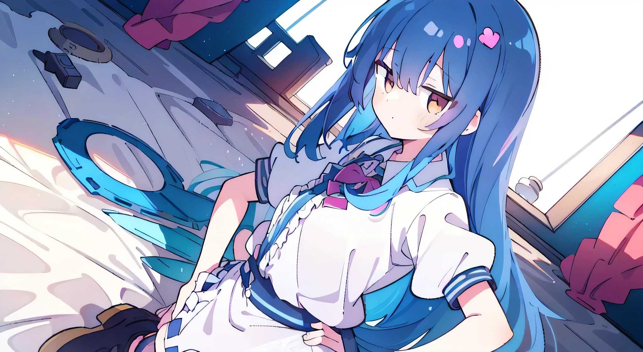 highres 1girl ahoge bobby_pin bow bowtie braid brown_eyes collared_shirt dojikko_pose frilled_shirt frilled_shirt_collar frilled_skirt frills hair_bow hair_ornament hairpin hand_on_own_head heart heart_hair_ornament hood hooded_jacket jacket long_hair one_eye_closed pentagram pink_hair plaid plaid_bow plaid_skirt pleated_skirt shirt shoelaces shoes simple_background standing skirt solo star_(symbol) twin_braids wariza white_background white_thighhighs, full body